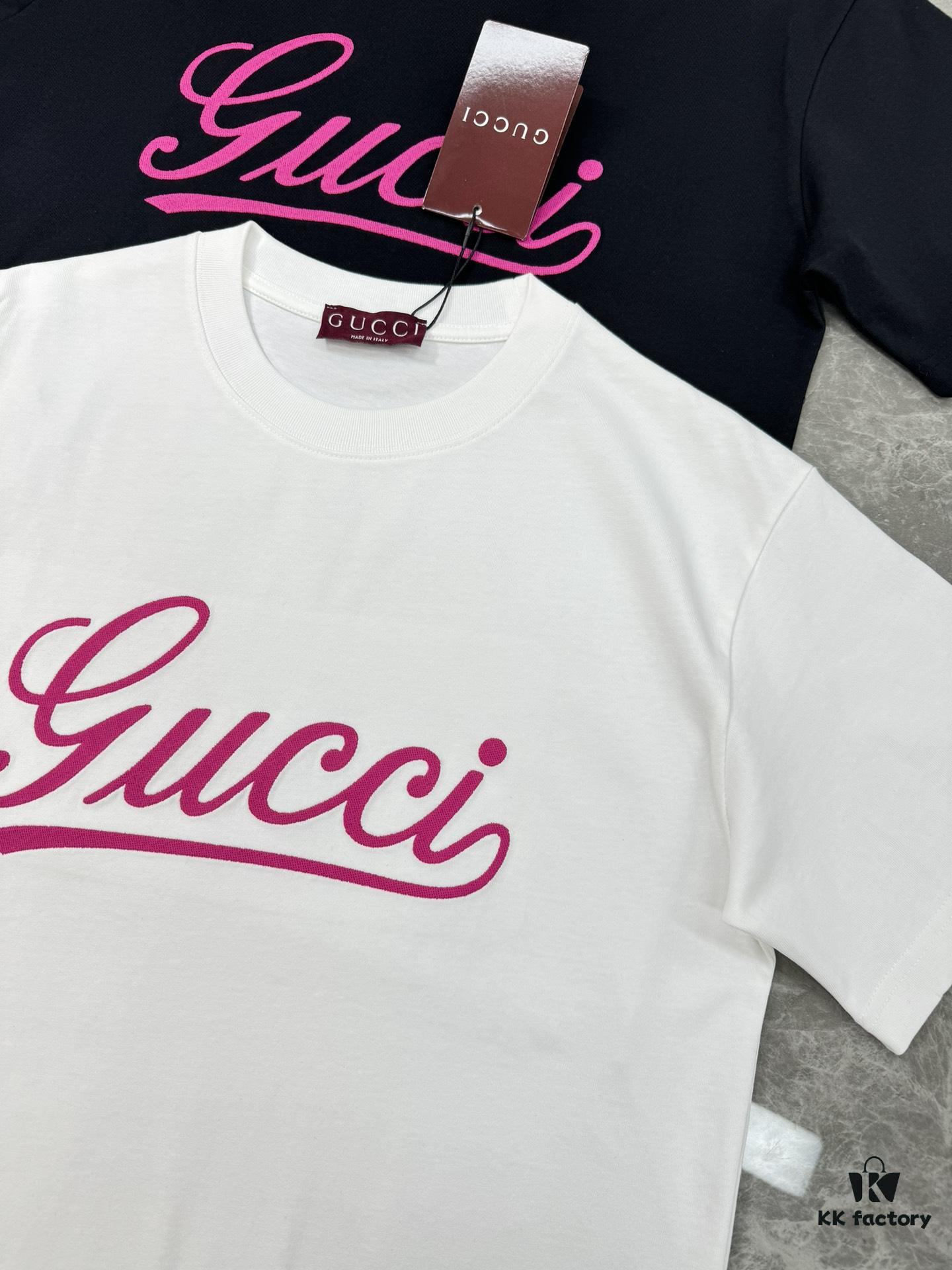 69312e18908475d562cd970d GUCC*25s New Arrival Streetwear T-Shirt, Unisex Design with Signature Logo Embroidery, 3D Textured High-Density Stitching, Pink Embroidered Accents on Black and White Base