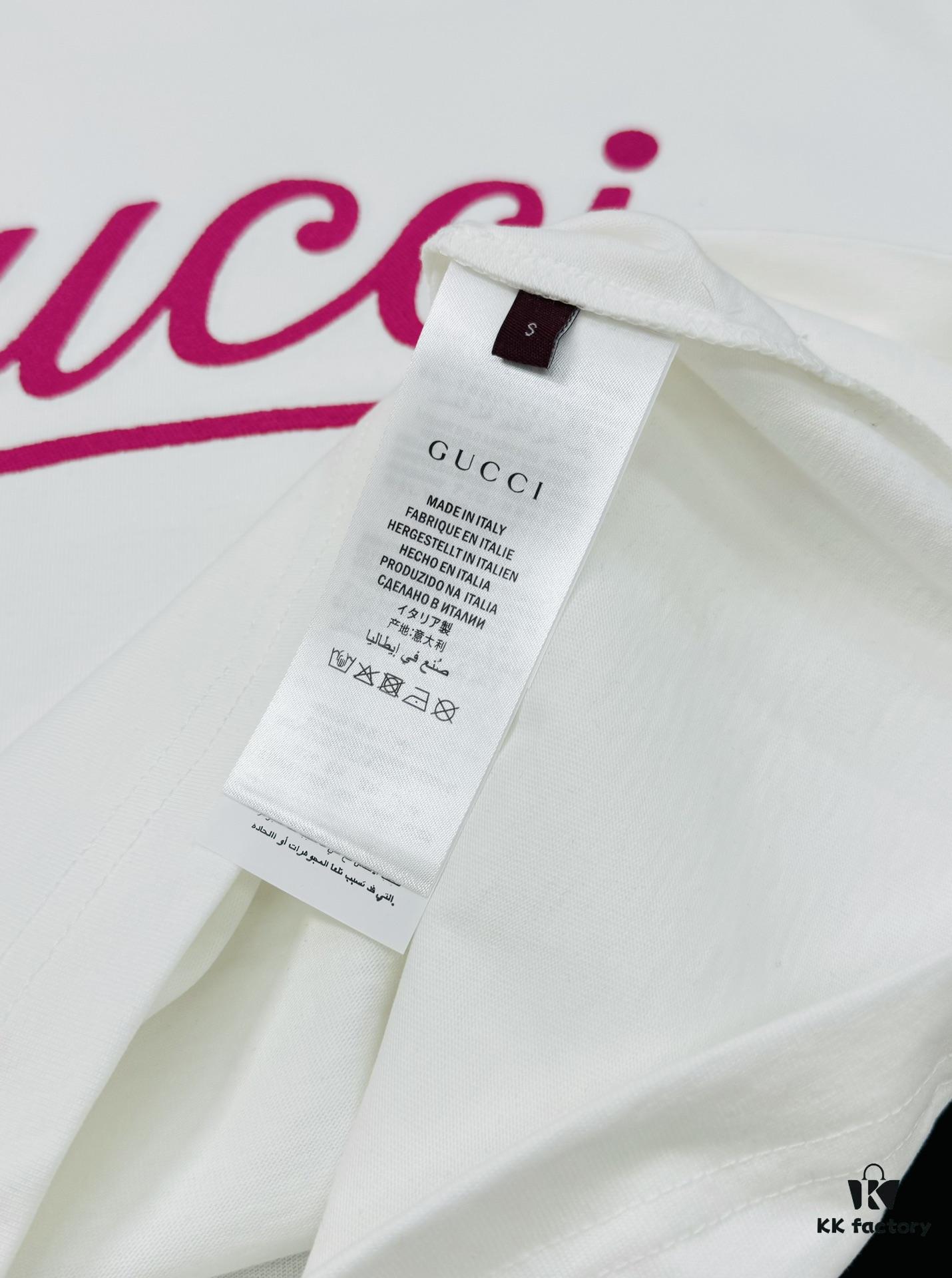69312e20908475d562cd970f GUCC*25s New Arrival Streetwear T-Shirt, Unisex Design with Signature Logo Embroidery, 3D Textured High-Density Stitching, Pink Embroidered Accents on Black and White Base
