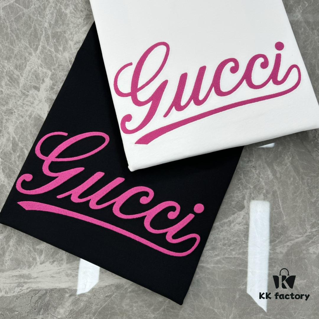 69312e22908475d562cd9710 GUCC*25s New Arrival Streetwear T-Shirt, Unisex Design with Signature Logo Embroidery, 3D Textured High-Density Stitching, Pink Embroidered Accents on Black and White Base