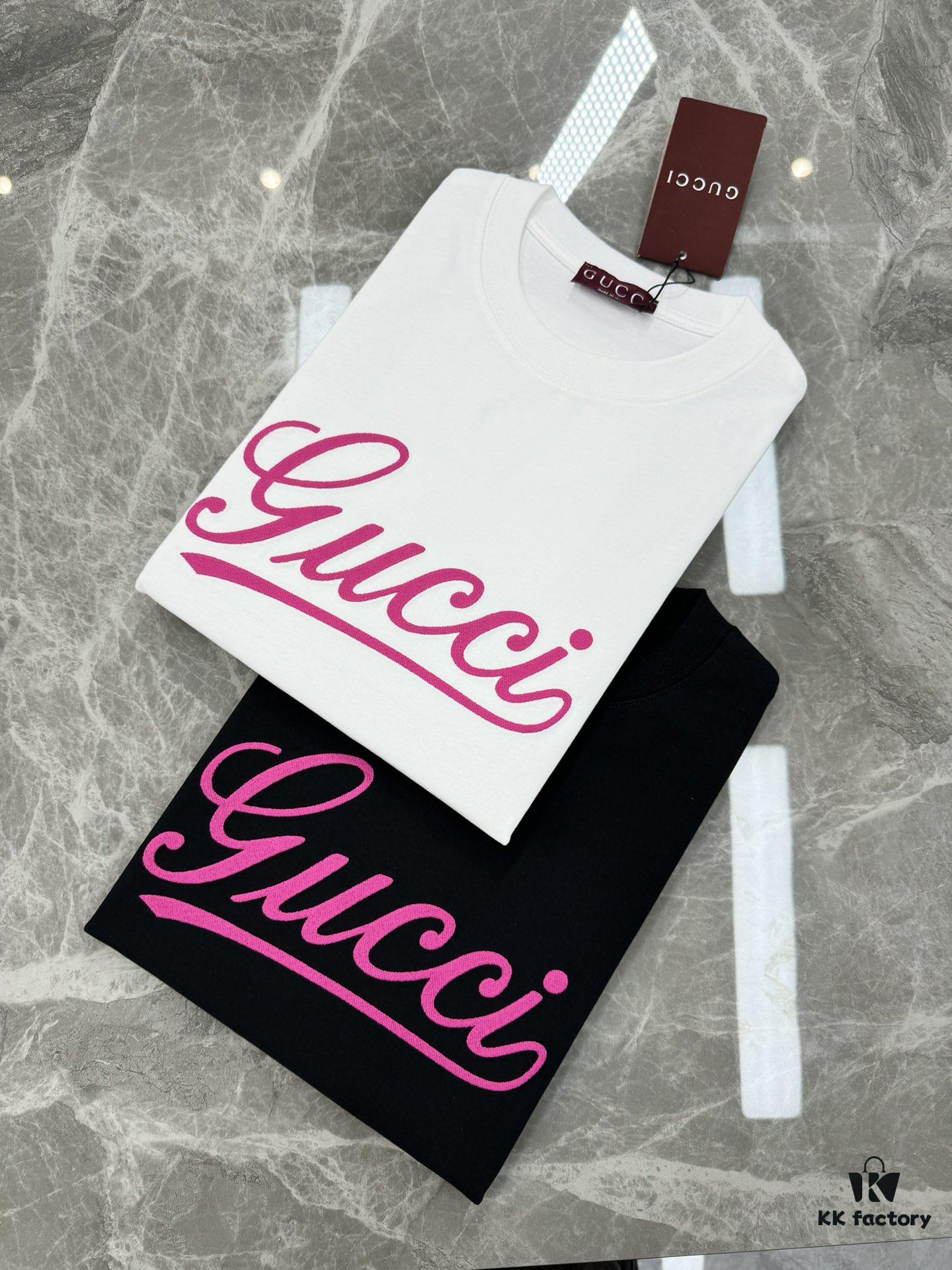 69312e28908475d562cd9711 GUCC*25s New Arrival Streetwear T-Shirt, Unisex Design with Signature Logo Embroidery, 3D Textured High-Density Stitching, Pink Embroidered Accents on Black and White Base
