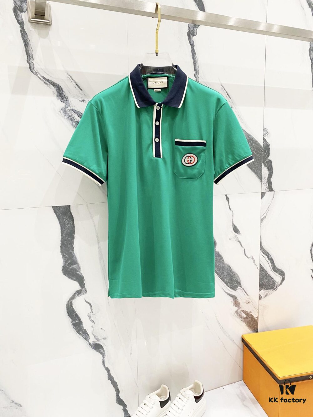 69313025908475d562cd97a0 GUCCI Men's Polo Shirt with Notched Lapel, Color-Block Collar and Embroidered GG Logo