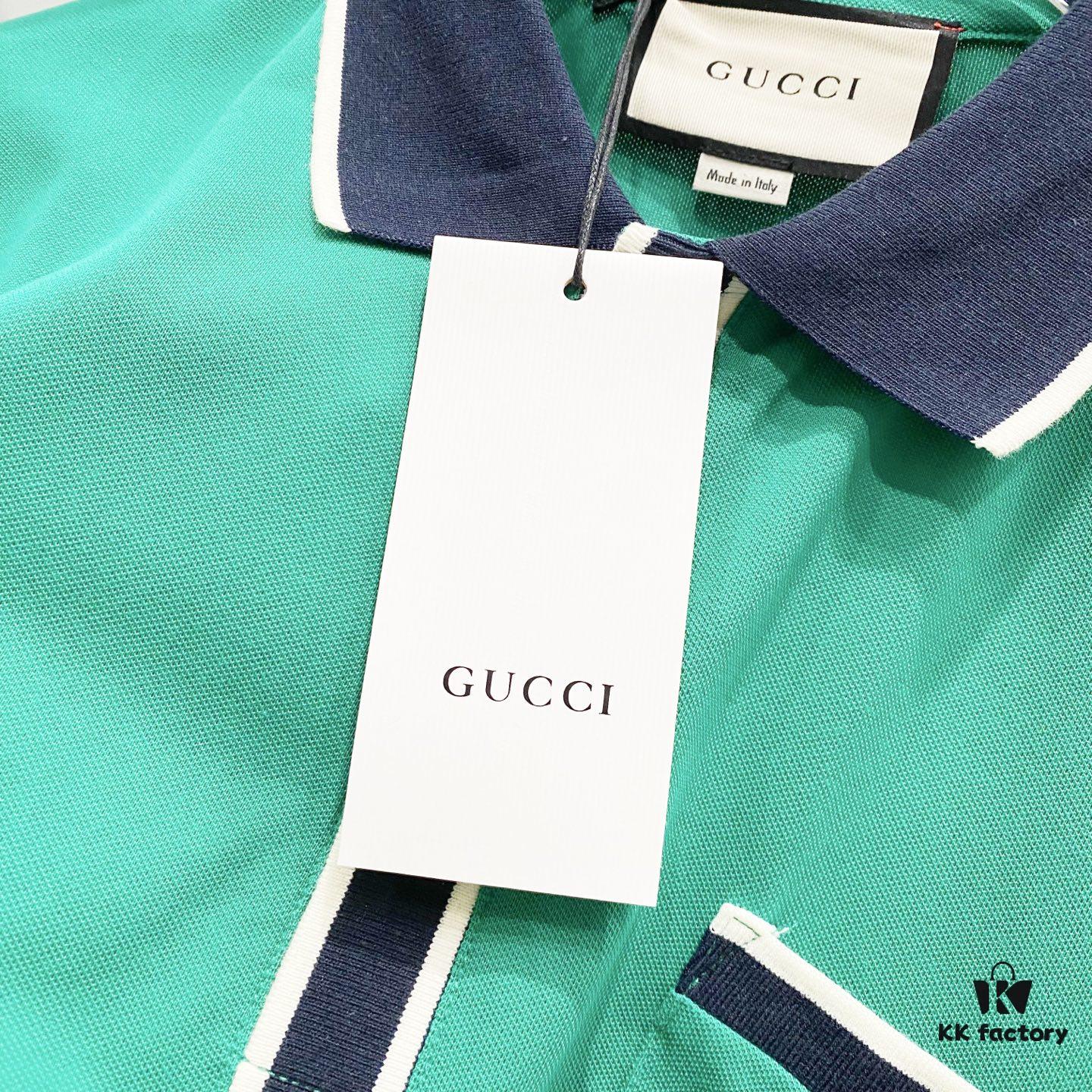 69313034908475d562cd97a5 GUCCI Men's Polo Shirt with Notched Lapel, Color-Block Collar and Embroidered GG Logo