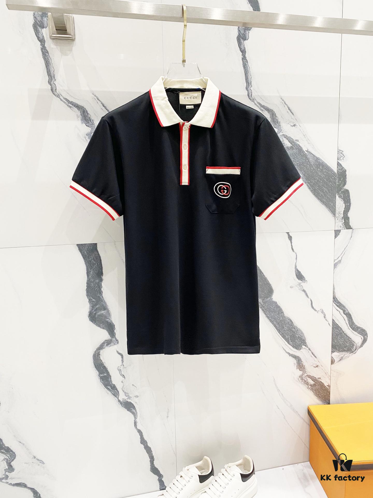 69313042908475d562cd97a9 GUCCI Men's Polo Shirt with Notched Lapel, Color-Blocked Collar, and Embroidered GG Logo