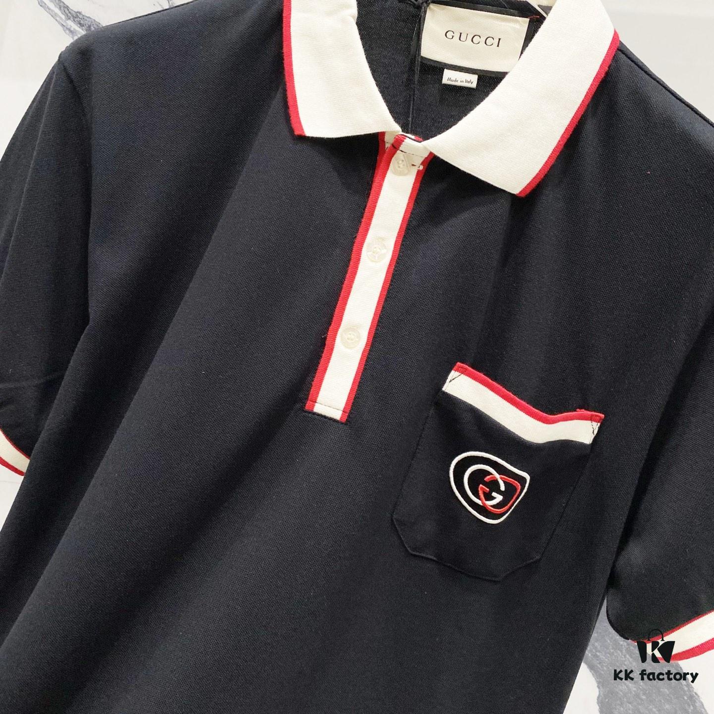 6931304b908475d562cd97ac GUCCI Men's Polo Shirt with Notched Lapel, Color-Blocked Collar, and Embroidered GG Logo