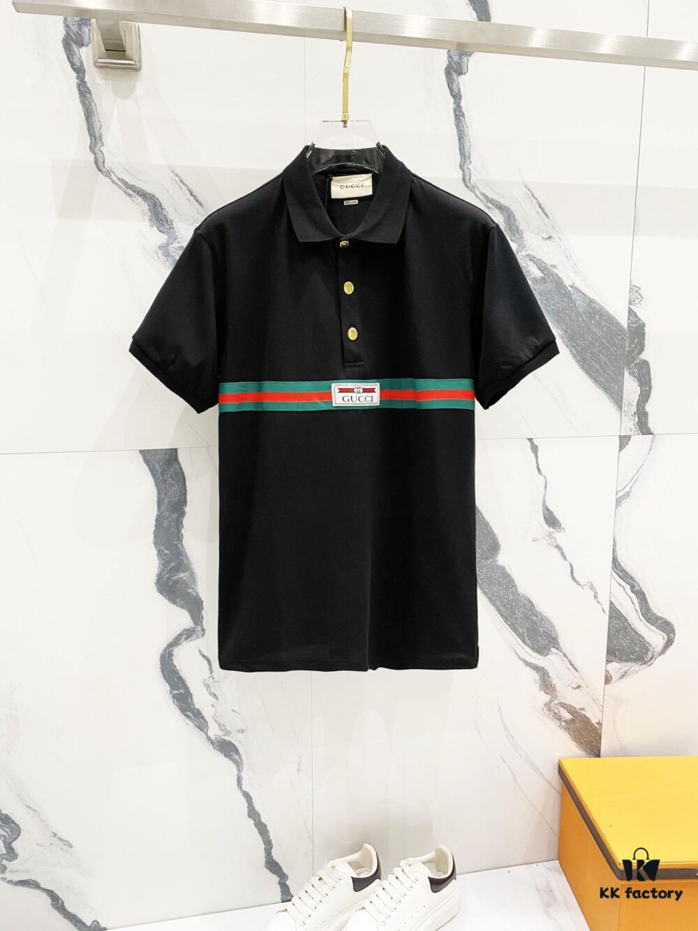 6931308e908475d562cd97bb GUCCI Men's Polo Shirt with Notched Collar and Red-Green Web Stripe Logo Design