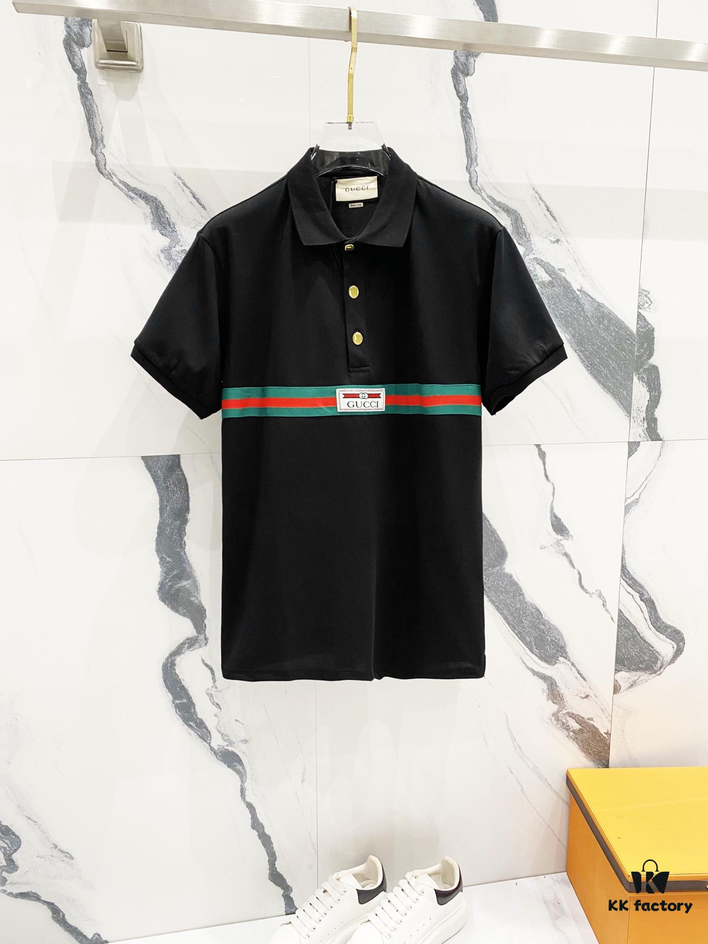 6931308e908475d562cd97bb GUCCI Men's Polo Shirt with Notched Collar and Red-Green Web Stripe Logo Design