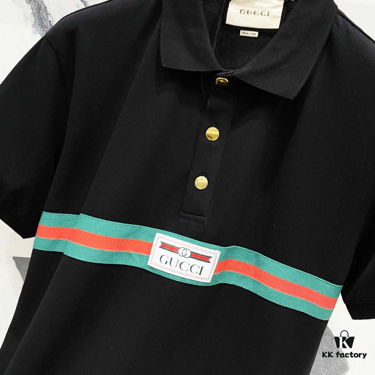 6931309d908475d562cd97be GUCCI Men's Polo Shirt with Notched Collar and Red-Green Web Stripe Logo Design