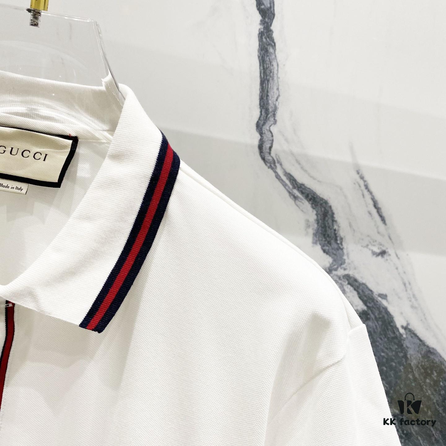 GUCCI Men's Polo Shirt with Lapel, Embroidered Logo, Color-Block Striped Pocket Design