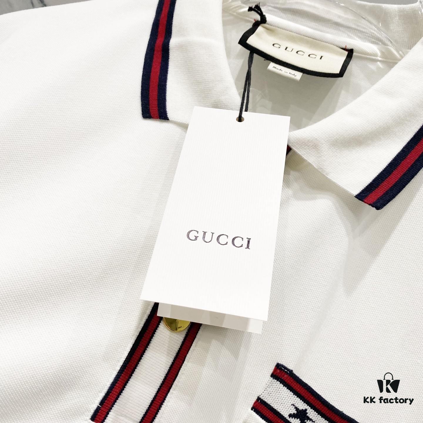 GUCCI Men's Polo Shirt with Lapel, Embroidered Logo, Color-Block Striped Pocket Design