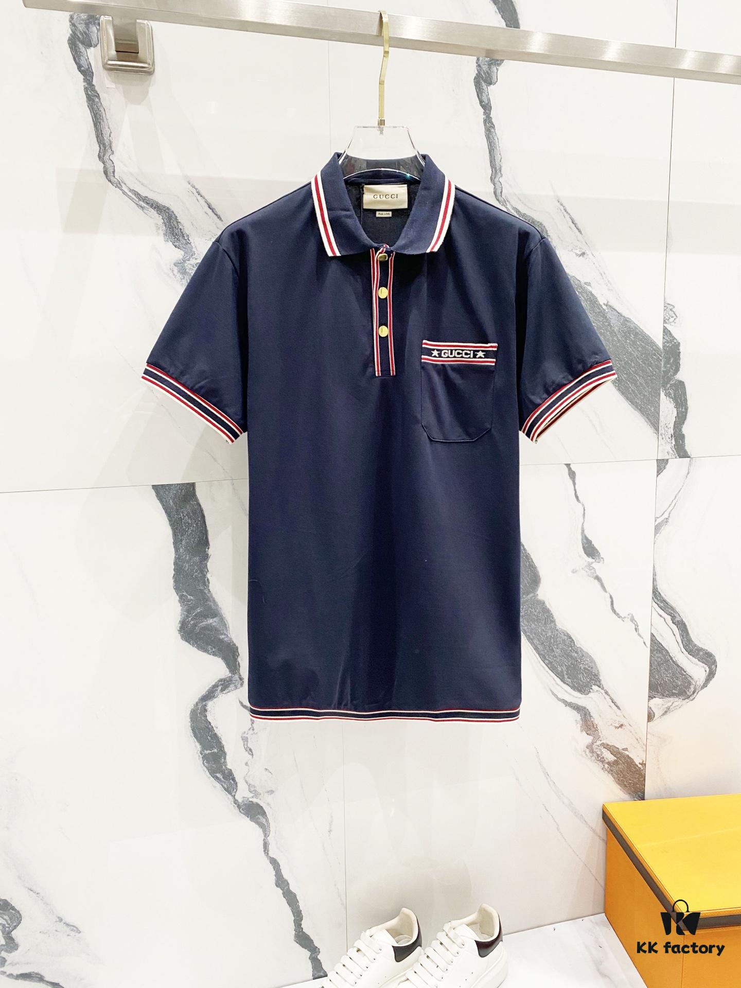 693130f0908475d562cd97cf GUCCI Men's Polo Shirt with Lapel, Embroidered Logo, Color-Block Striped Pocket Design