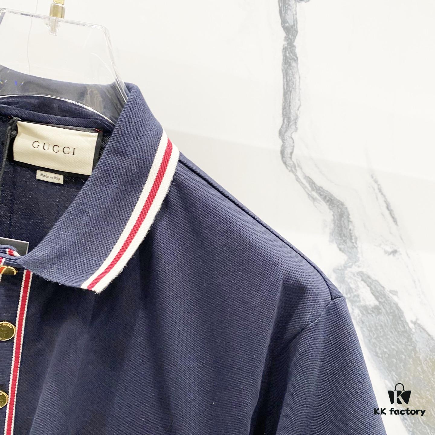 693130f7908475d562cd97d0 GUCCI Men's Polo Shirt with Lapel, Embroidered Logo, Color-Block Striped Pocket Design