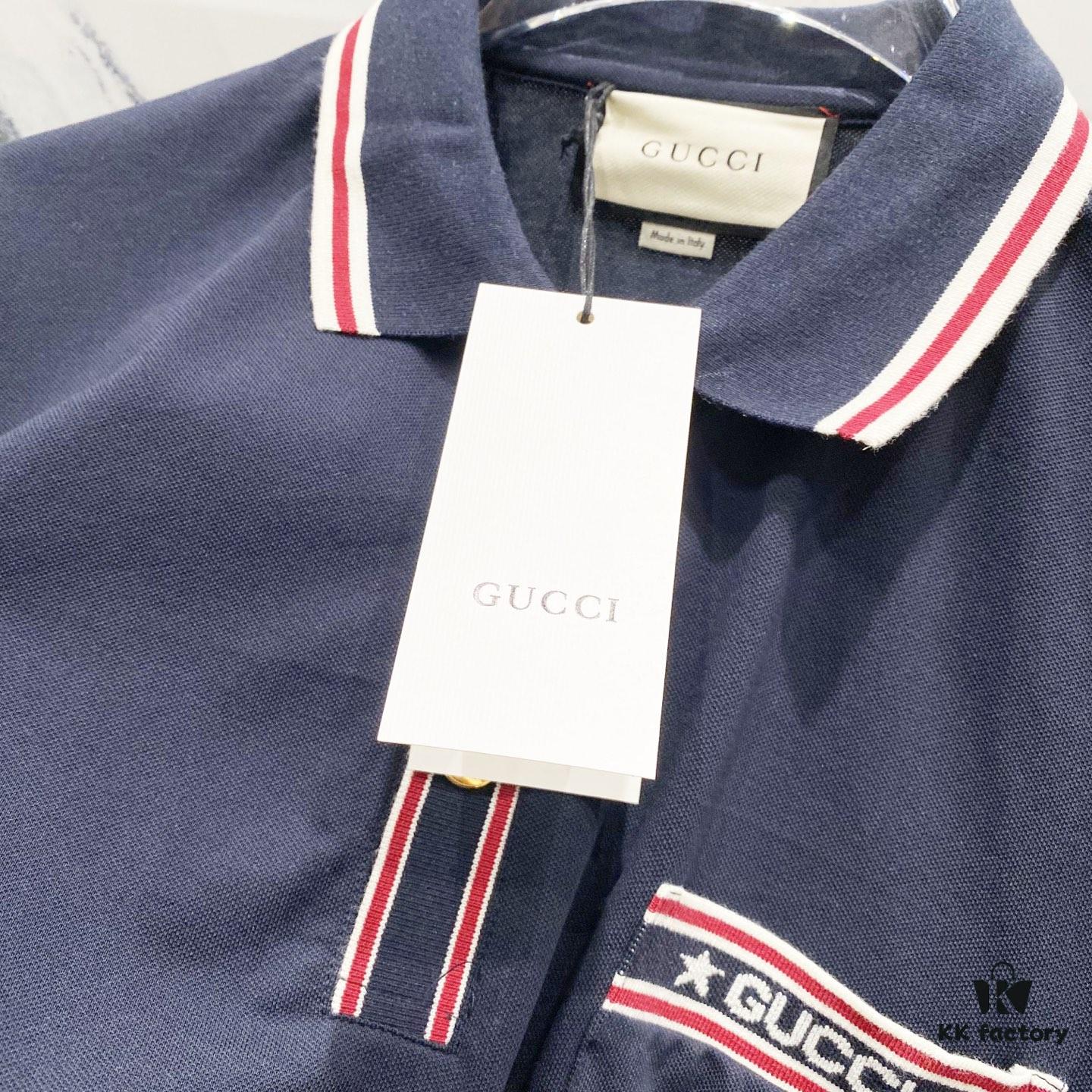 69313102908475d562cd97d3 GUCCI Men's Polo Shirt with Lapel, Embroidered Logo, Color-Block Striped Pocket Design