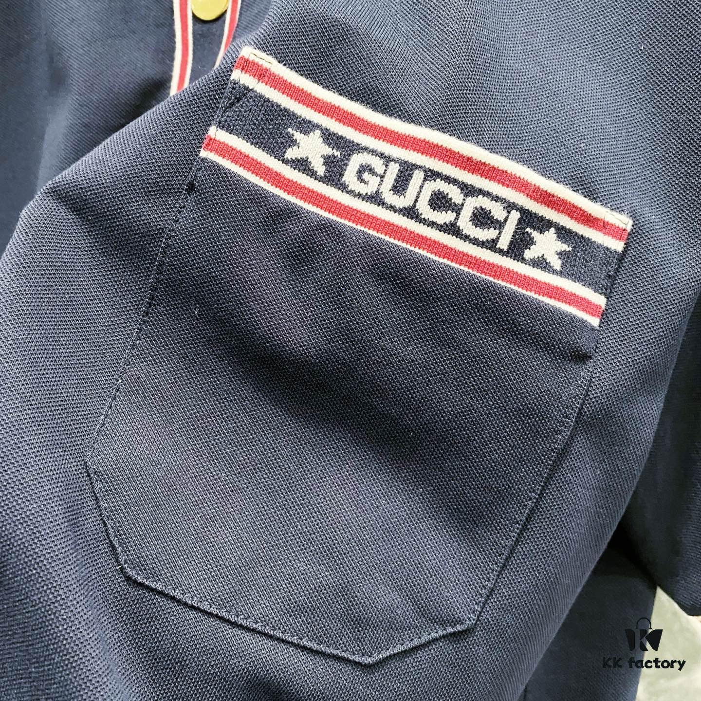 6931310d908475d562cd97d6 GUCCI Men's Polo Shirt with Lapel, Embroidered Logo, Color-Block Striped Pocket Design
