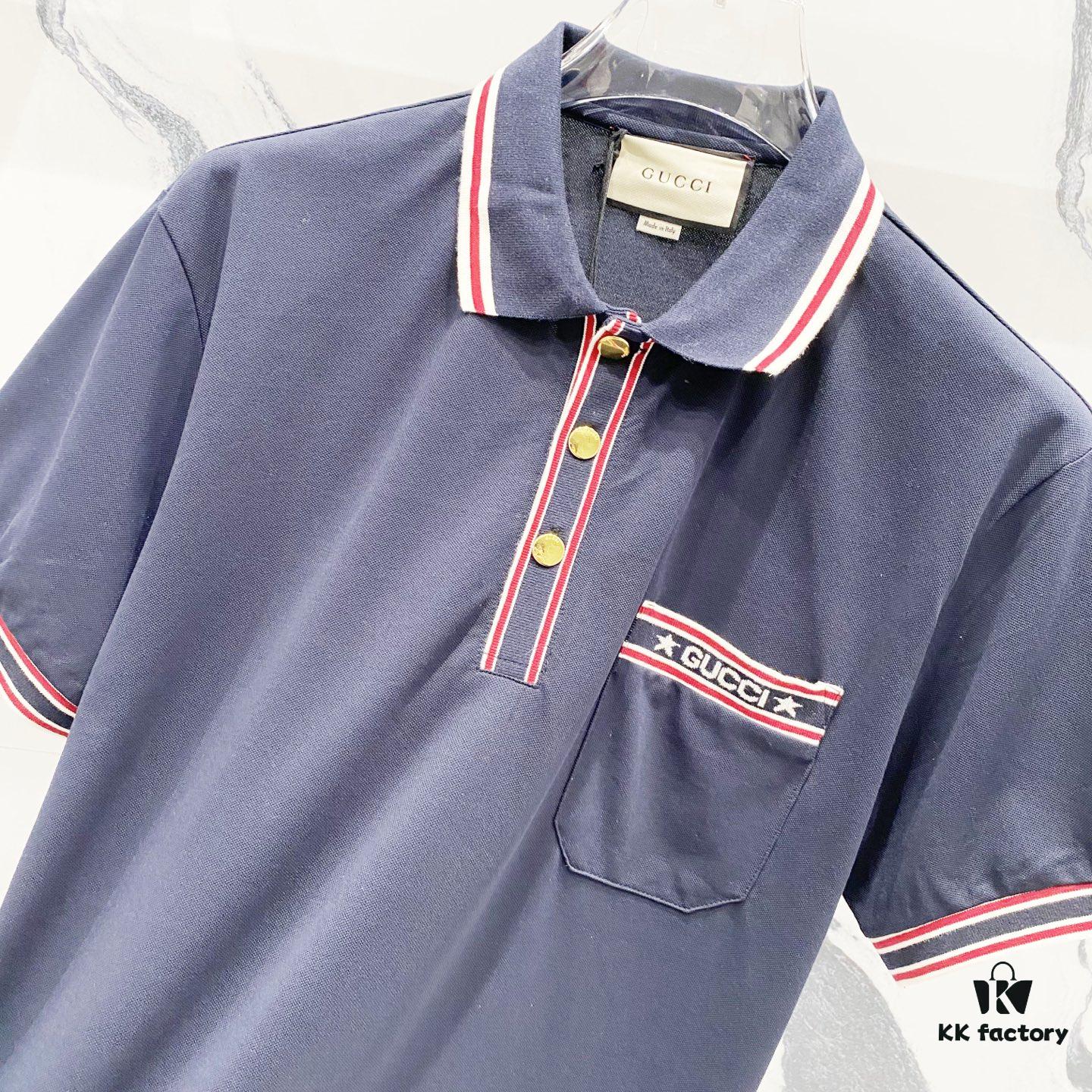 69313111908475d562cd97d7 GUCCI Men's Polo Shirt with Lapel, Embroidered Logo, Color-Block Striped Pocket Design