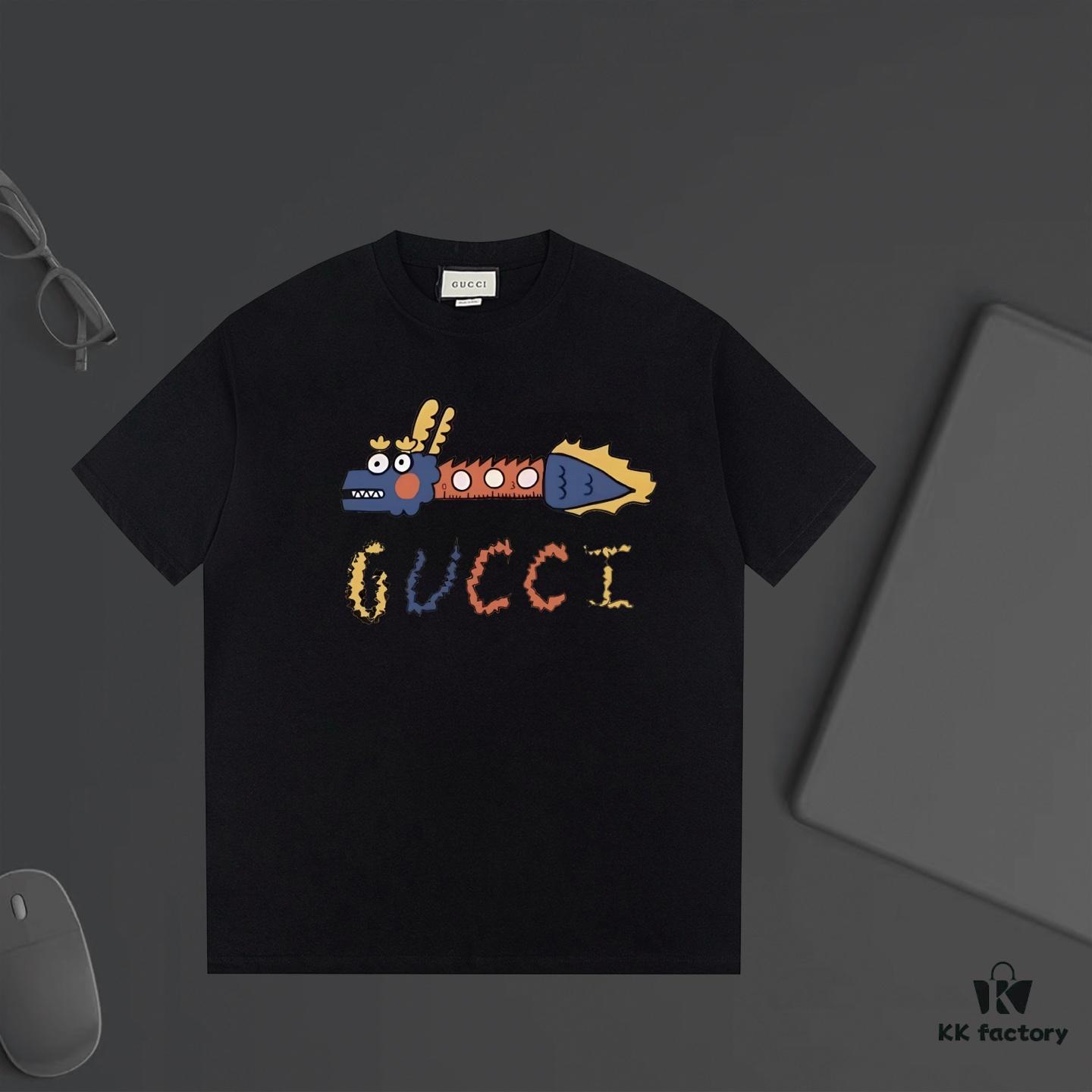 69313184908475d562cd97f6 GUCCI New Arrival Letter Zigzag Contrast Color Cartoon Dragon Print T-Shirt