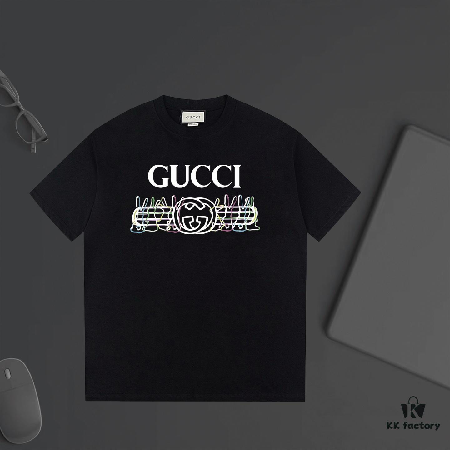 693131ff908475d562cd980a GUCCI New Arrival Letter Color-Block Stripe Print T-Shirt