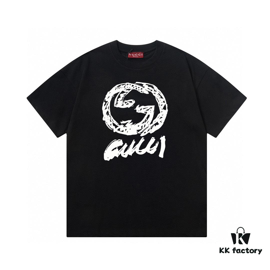 6931339f908475d562cd985d 2025 Summer New Arrival Gucci Abstract Double G Logo Print 300g Combed Cotton Crew Neck Short Sleeve T-Shirt Unisex