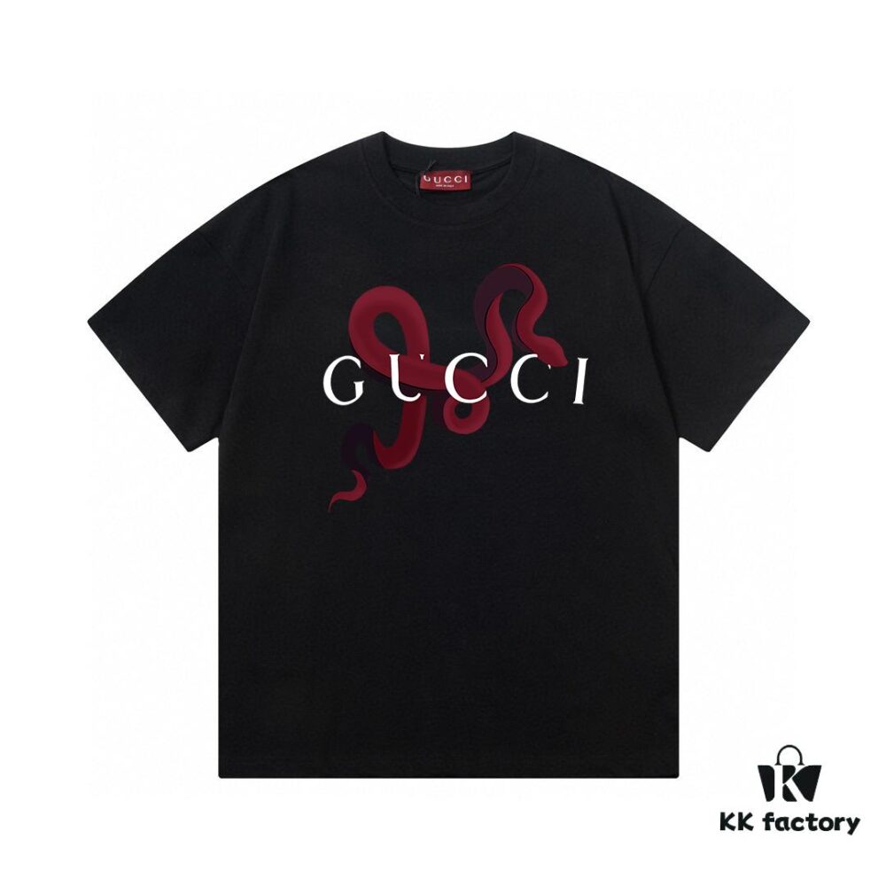 693133ba908475d562cd9868 2025 Summer New Gucci Snake Year Limited Edition Snake Pattern Letter Logo Print 300g Combed Cotton Round Neck Short Sleeve T-Shirt Unisex