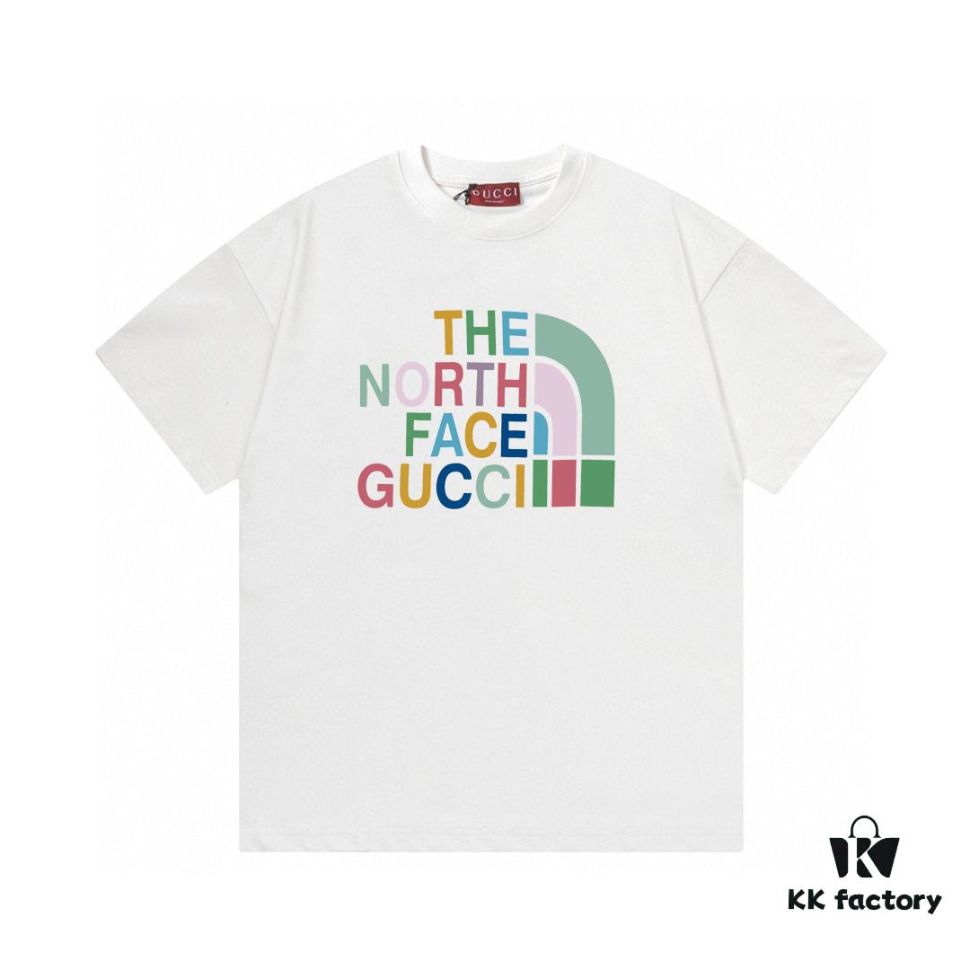 693133bb908475d562cd9869 2025 Summer New Arrival Gucci GUCCI Collaborative The North Face Rainbow Letter Logo Print Round Neck Short Sleeve T-Shirt in 300g Combed Cotton Unisex