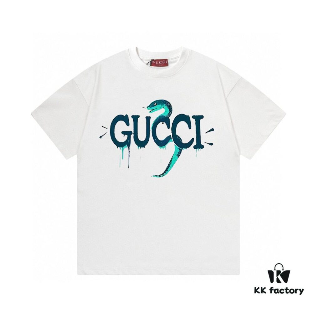 693133cb908475d562cd986e 2025 Summer New Gucci Snake Year Limited Edition Double G Parody Letter Logo Print 300g Combed Cotton Round Neck Short Sleeve T-Shirt Unisex