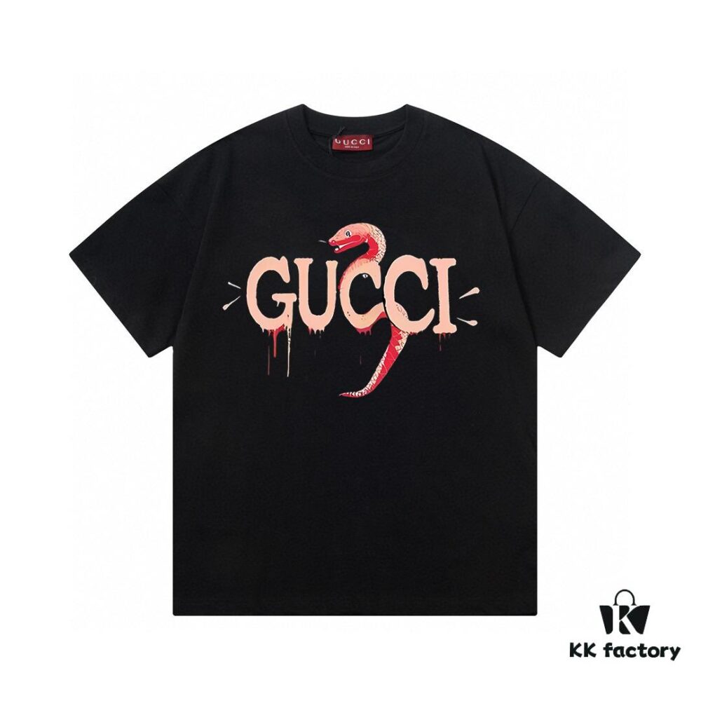 2025 Summer New Gucci Snake Year Limited Edition Double G Parody Letter Logo Print 300g Combed Cotton Crew Neck Short Sleeve T-Shirt Unisex