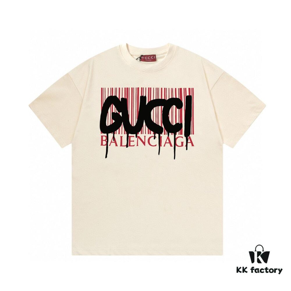 2025 Summer New Gucci Collaborative Collection with Balenciaga, Striped Code Letter Logo Print 300g Combed Cotton Round Neck Short Sleeve T-Shirt, Unisex
