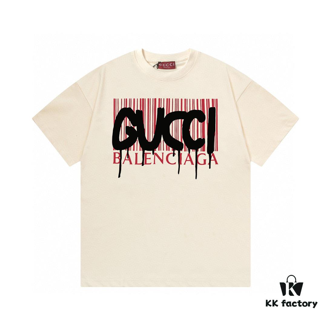693133d3908475d562cd9871 2025 Summer New Gucci Collaborative Collection with Balenciaga, Striped Code Letter Logo Print 300g Combed Cotton Round Neck Short Sleeve T-Shirt, Unisex