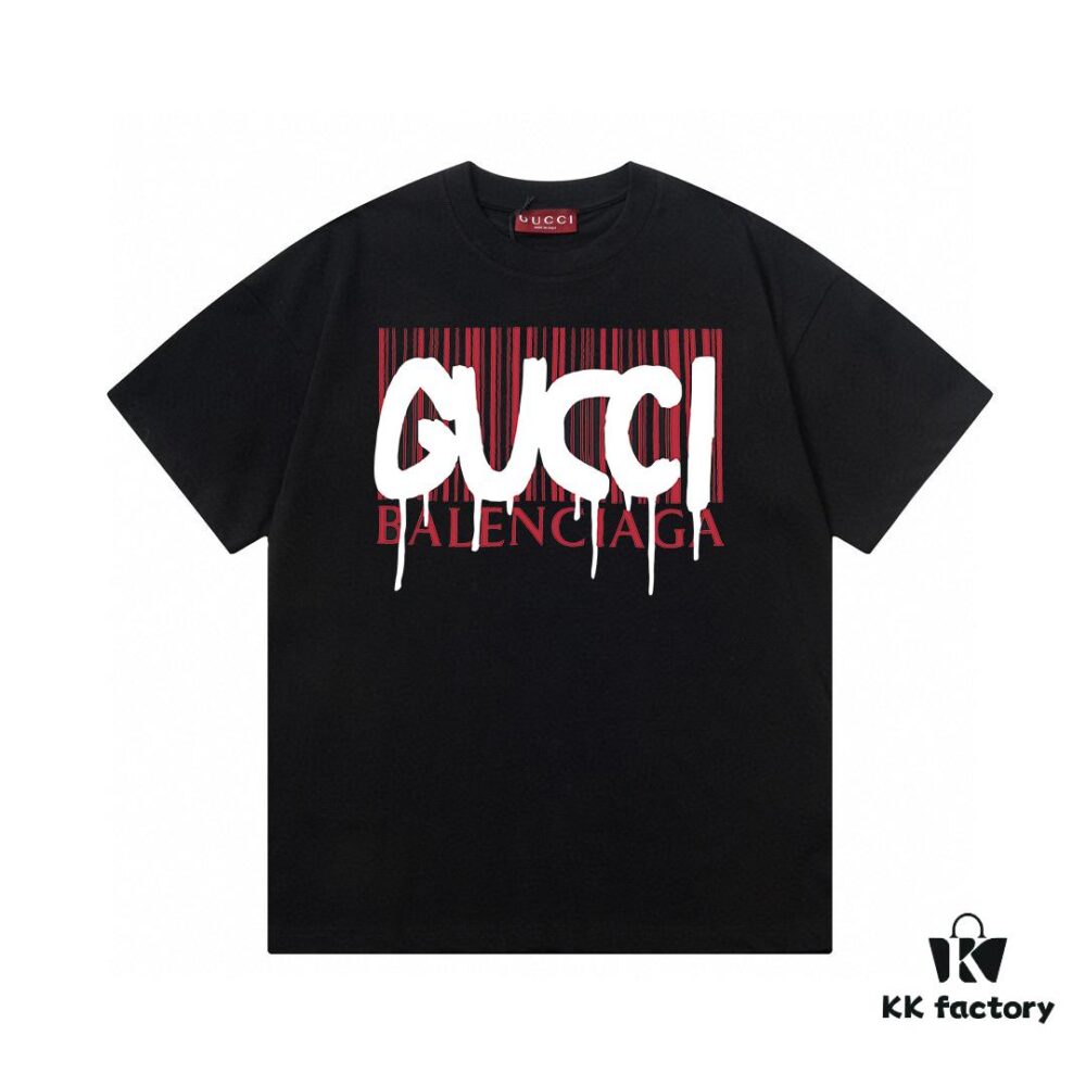 2025 Summer New Arrival Gucci Collaborative Balenciaga Striped Code Letter Logo Print 300g Combed Cotton Crew Neck Short Sleeve T-Shirt Unisex