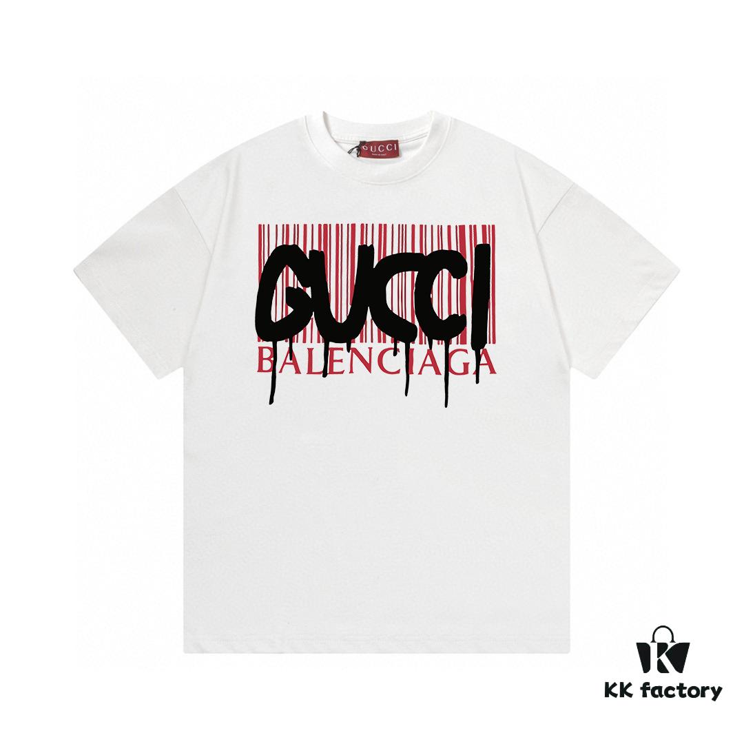 693133f3908475d562cd9879 2025 Summer New Gucci GUCCI Collaboration Balenciaga Striped Code Letter Logo Print 300g Combed Cotton Round Neck Short Sleeve T-Shirt Unisex