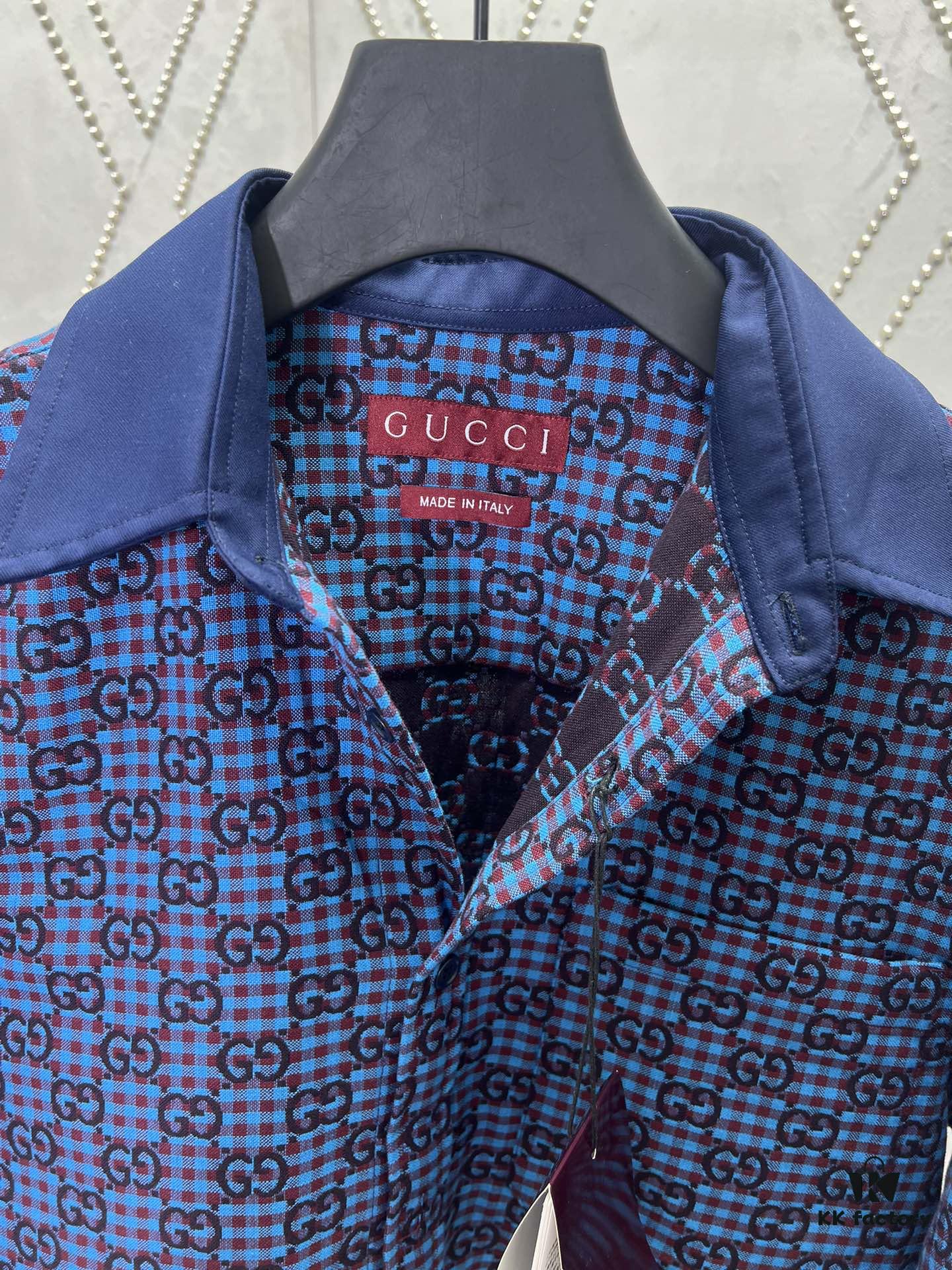 69313c81908475d562cd9af4 G Collection 25SS New Loose-Fit Shirt Made from GG Vichy Cotton-Wool Blend Jacquard Fabric with Mother-of-Pearl Buttons for a Refined and Elegant Style