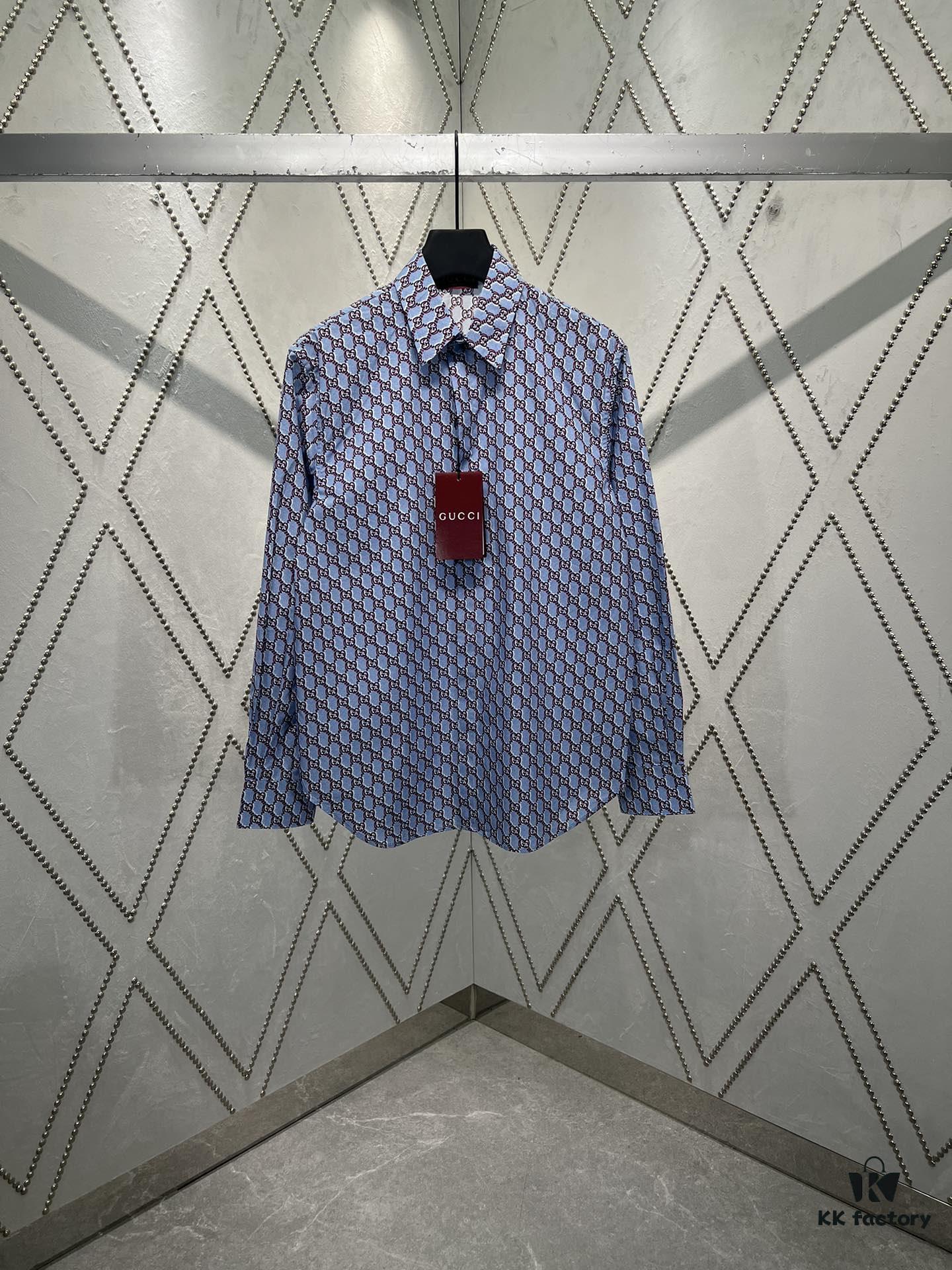 69313ca4908475d562cd9b01 Gucci 25SS New Arrival Cotton Shirt in Light Blue and Ancho Red with GG Shadow Print
