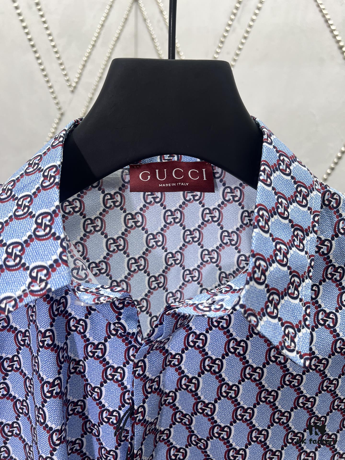 69313cb3908475d562cd9b06 Gucci 25SS New Arrival Cotton Shirt in Light Blue and Ancho Red with GG Shadow Print