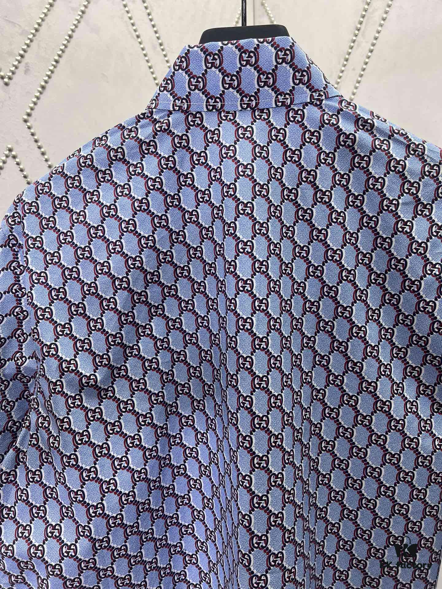69313cb6908475d562cd9b08 Gucci 25SS New Arrival Cotton Shirt in Light Blue and Ancho Red with GG Shadow Print