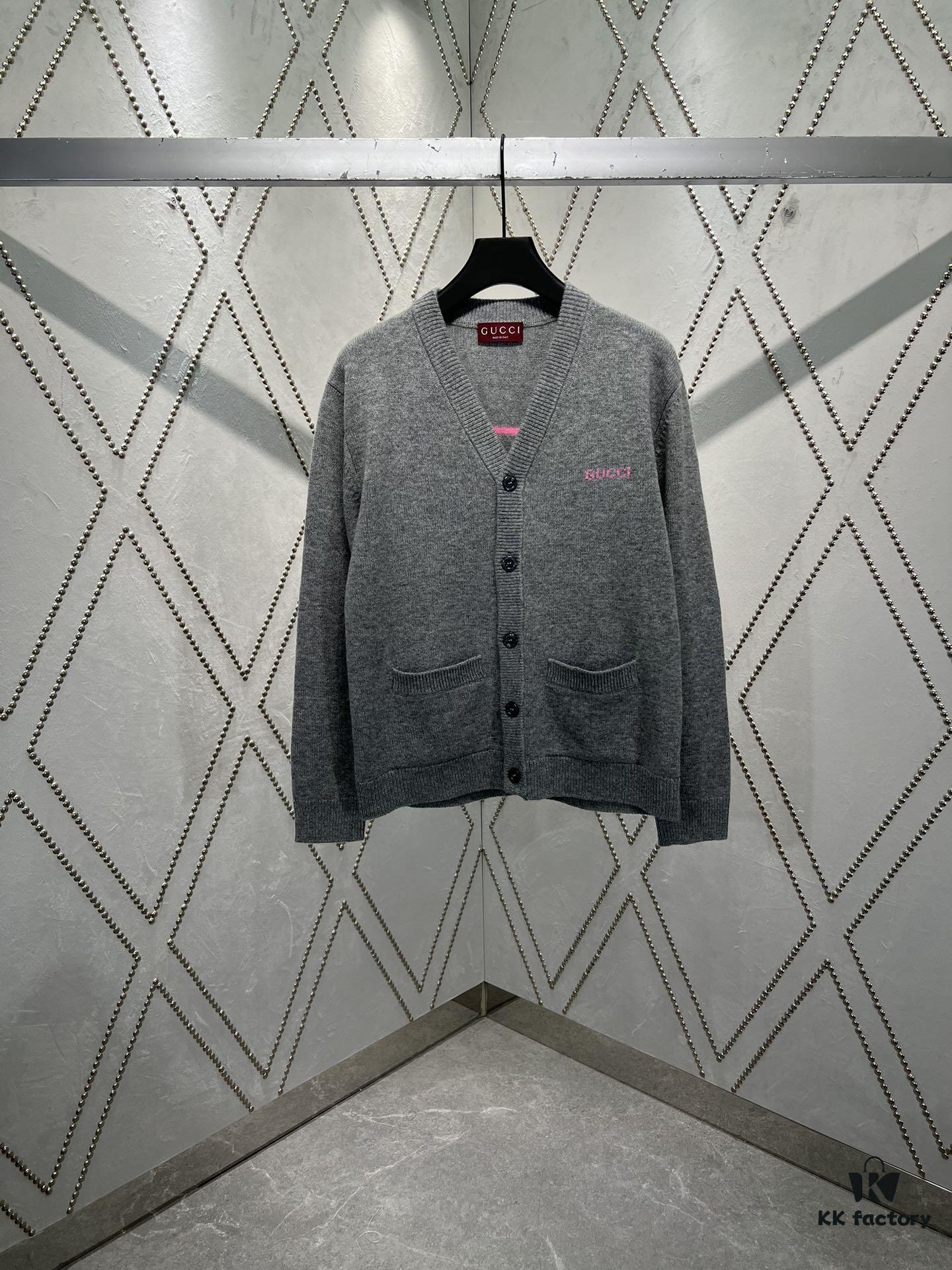 69313fe9908475d562cd9bd0 G House 25SS New Arrival Wool Cashmere Blend Knit Cardigan Featuring Refreshed Brand Pattern with Color-Contrast Bright Pink Accents, Creating Delicate Intarsia Effects on Front and Back