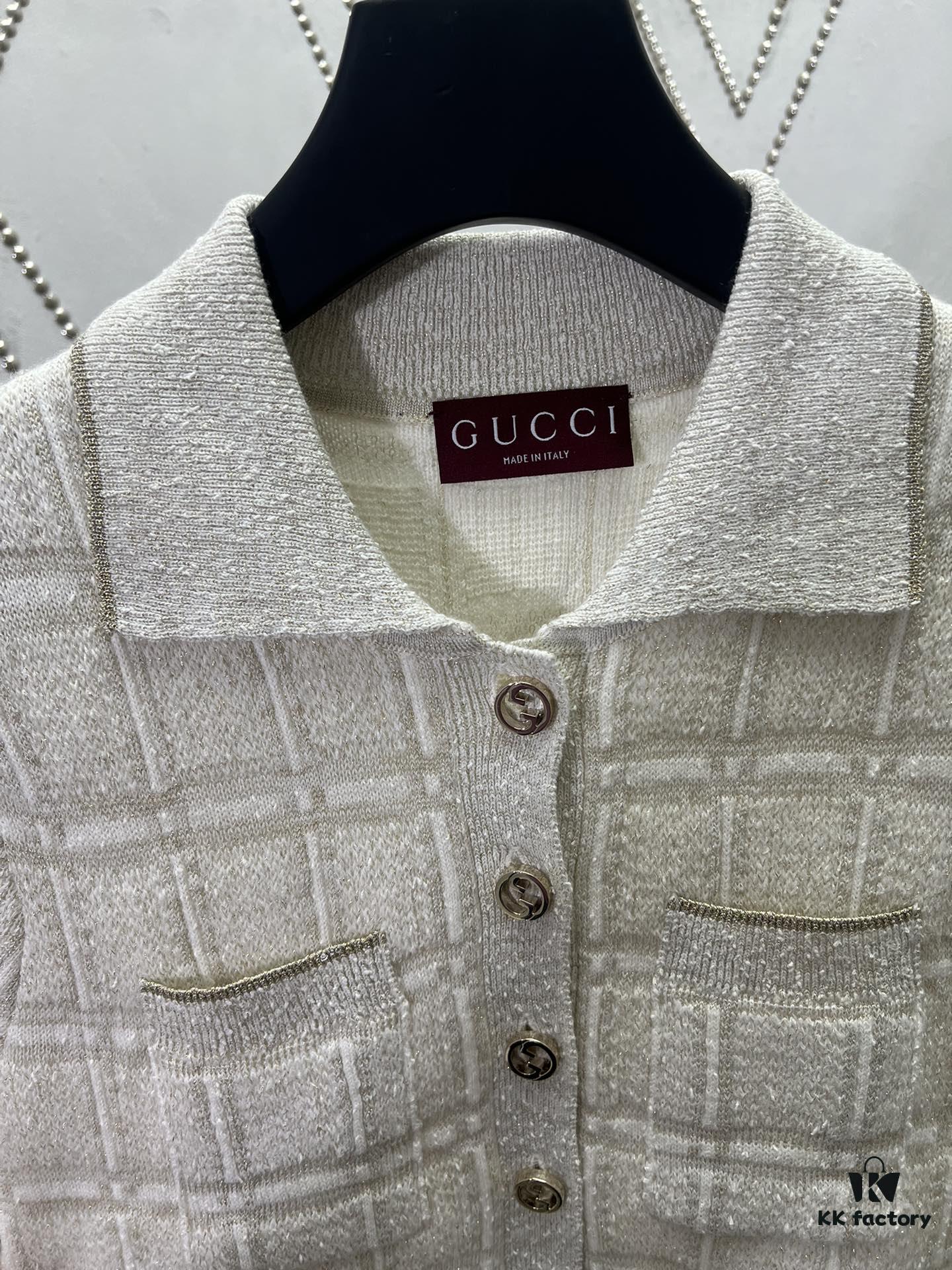 Gucci 25SS New Round Neck Top Crafted from Premium Wool with Metallic Thread Tartan Jacquard Fabric, Featuring a Circular Interlocking Double G Button at the Back