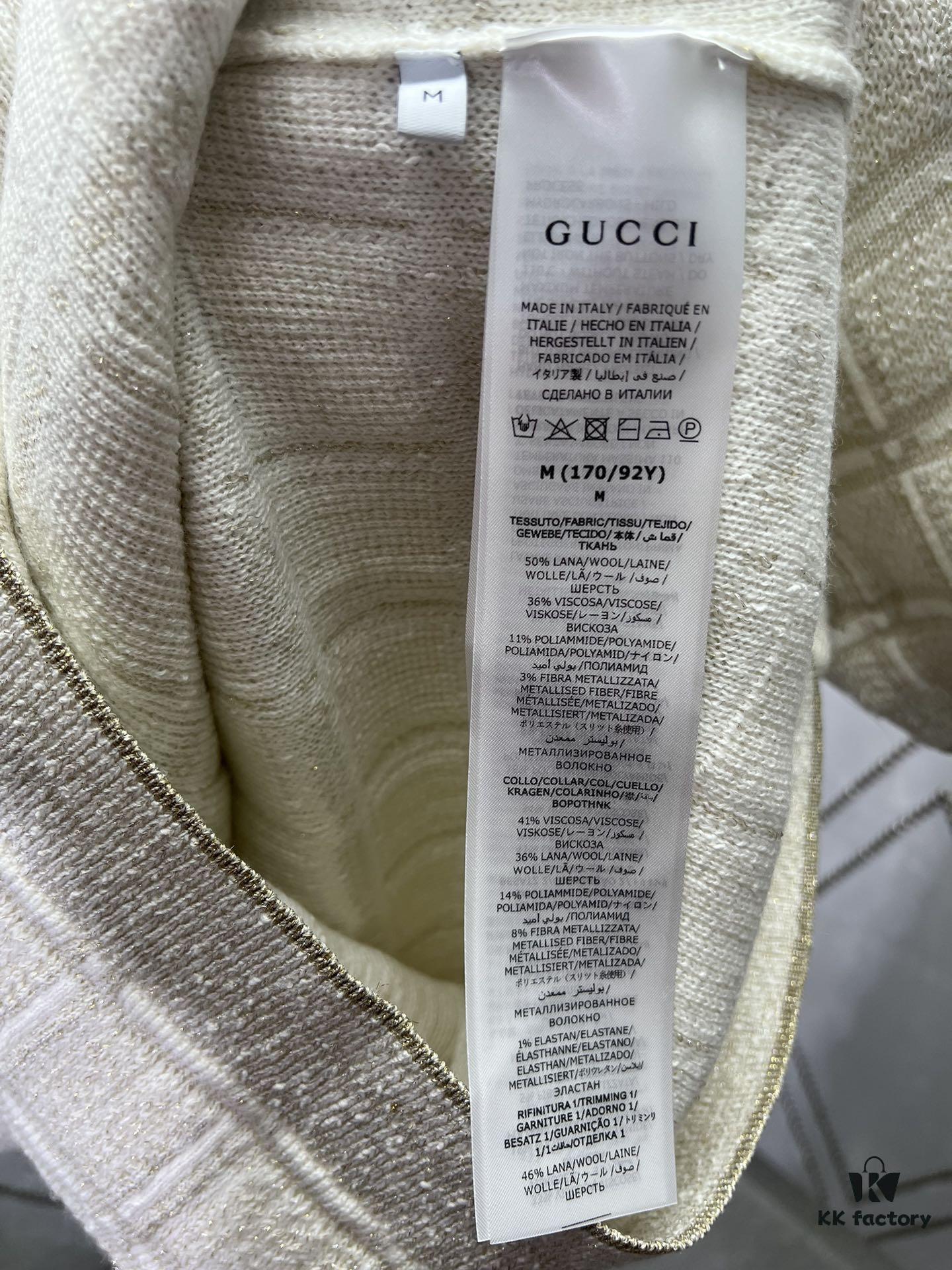 Gucci 25SS New Round Neck Top Crafted from Premium Wool with Metallic Thread Tartan Jacquard Fabric, Featuring a Circular Interlocking Double G Button at the Back