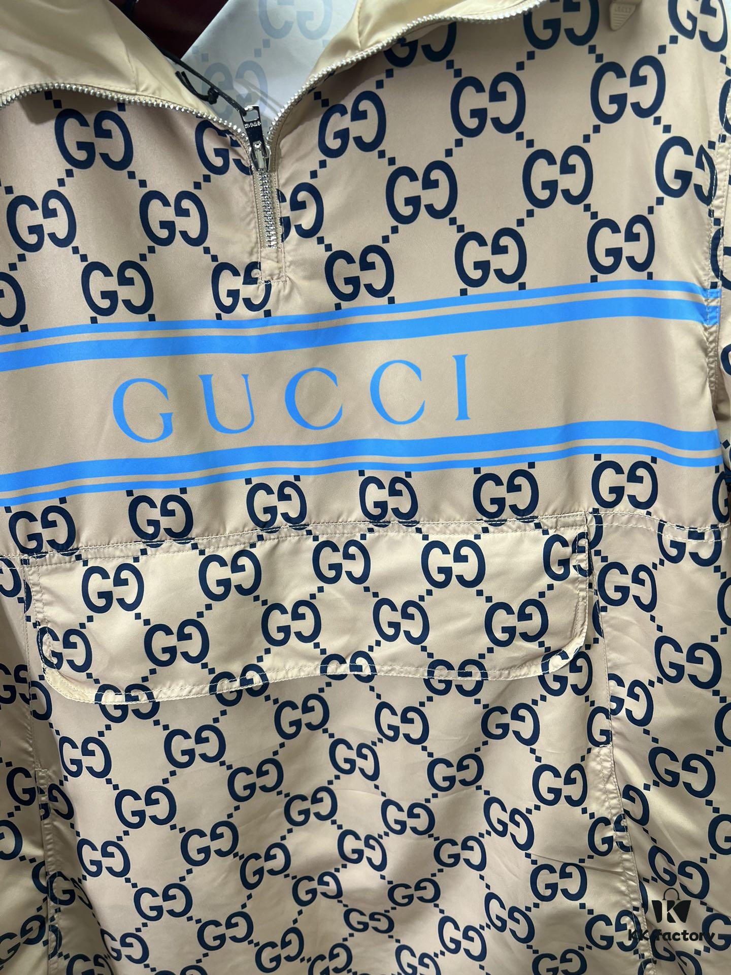 69314258908475d562cd9c66 G House 25SS New Arrival Woven Athletic Hooded Long-Sleeve Half-Zip Pullover Jacket with All-Over Double G Interlocking Logo Pattern, Contrasting Bright Blue Stripe and Letter Logo Print, Side Slant Pockets and Velcro Closure Pocket, Elastic Cuffs and Hem, Unisex Casual Style