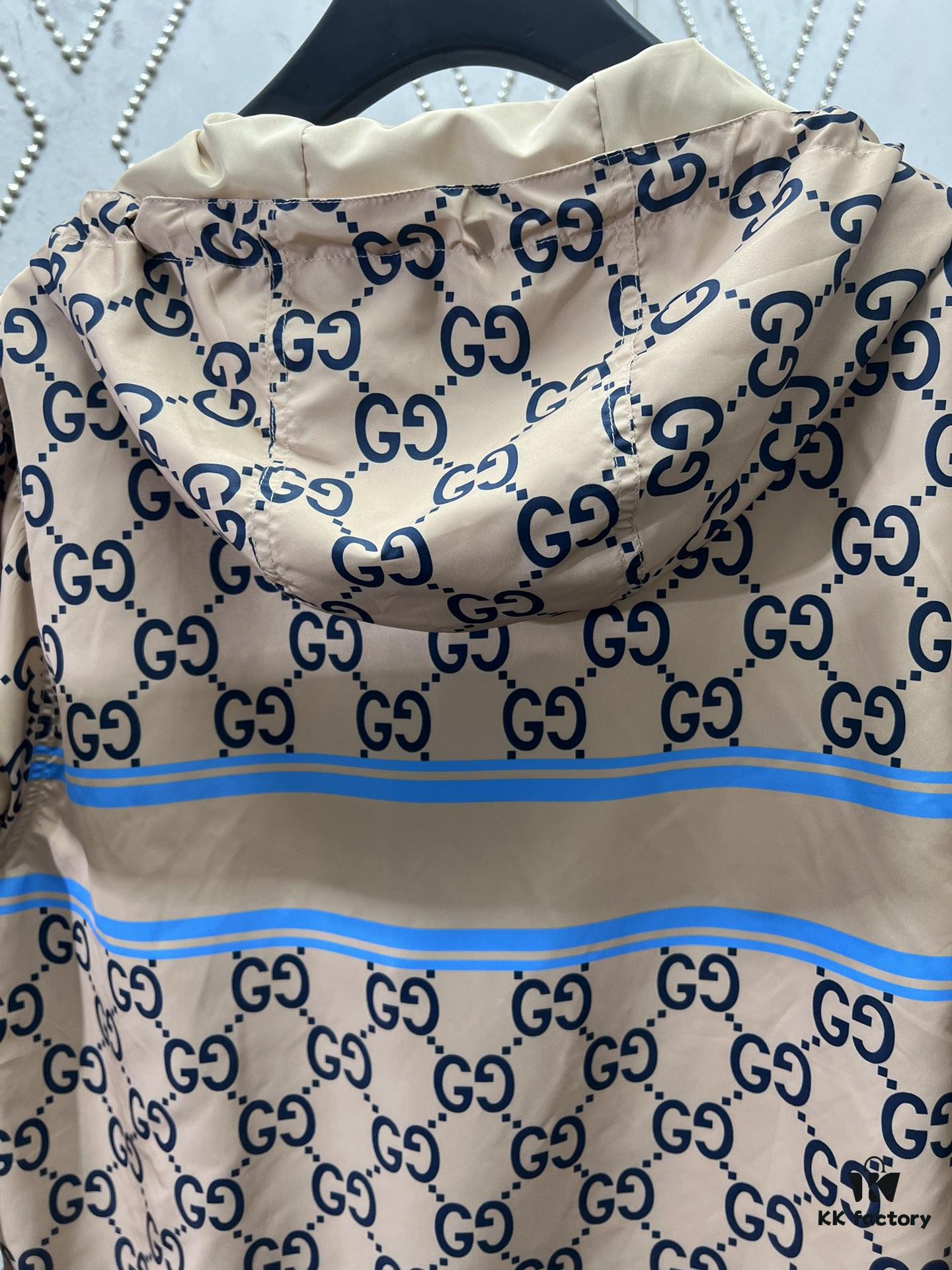 6931425e908475d562cd9c67 G House 25SS New Arrival Woven Athletic Hooded Long-Sleeve Half-Zip Pullover Jacket with All-Over Double G Interlocking Logo Pattern, Contrasting Bright Blue Stripe and Letter Logo Print, Side Slant Pockets and Velcro Closure Pocket, Elastic Cuffs and Hem, Unisex Casual Style