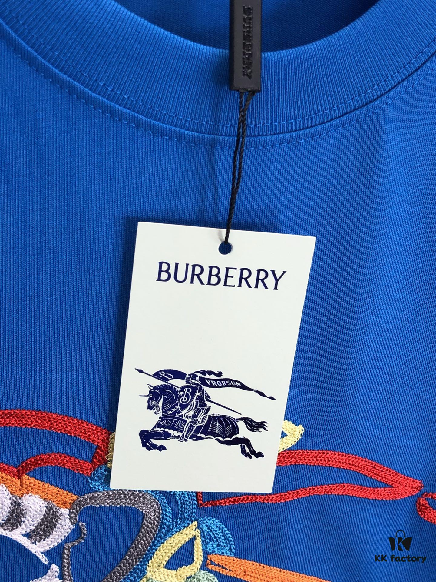693143f3908475d562cd9cab BURBERRY 2025 Spring/Summer New Arrival Round Neck Short Sleeve T-Shirt with Equestrian Chain Embroidery, 320g Double Combed Cotton Fabric, Slightly Loose Unisex Fit
