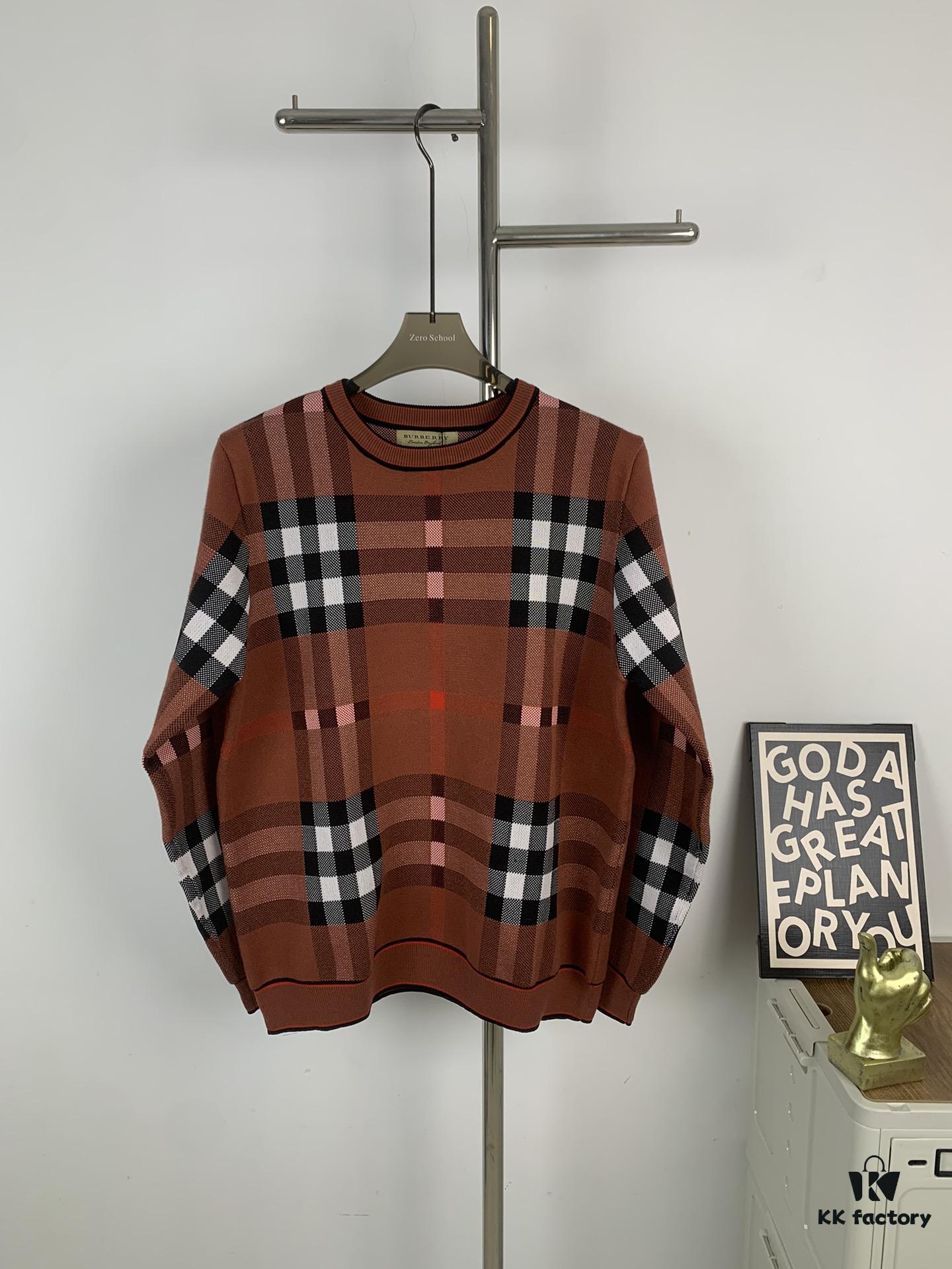 69314b22908475d562cd9e64 New Burberry 2024 Classic Striped Plaid Double Jacquard Crew Neck Knit Sweater
