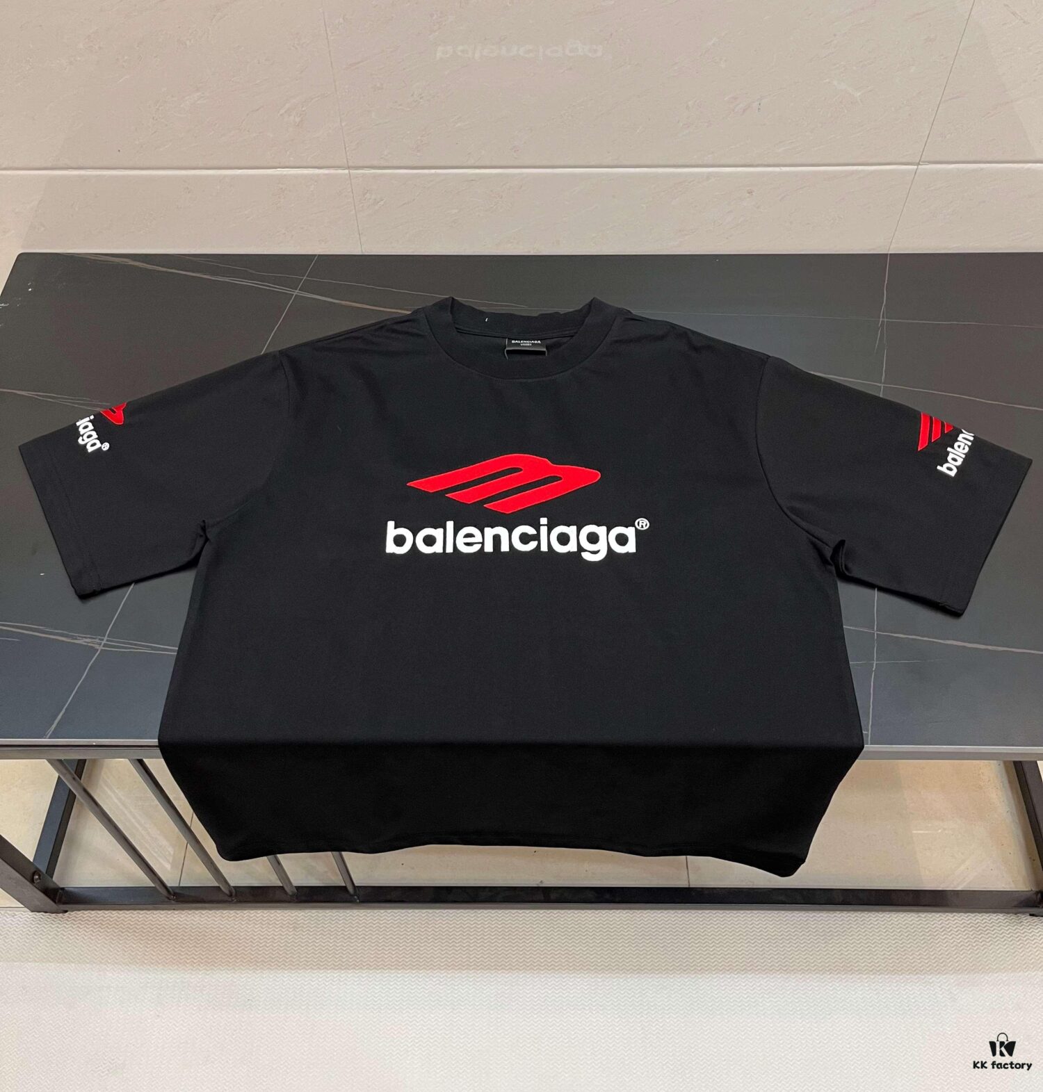 693157fb908475d562cda14f BALENCIAGA Logo Embroidered Heavy Washed Short Sleeve T-Shirt in 300g Double Cotton Fabric