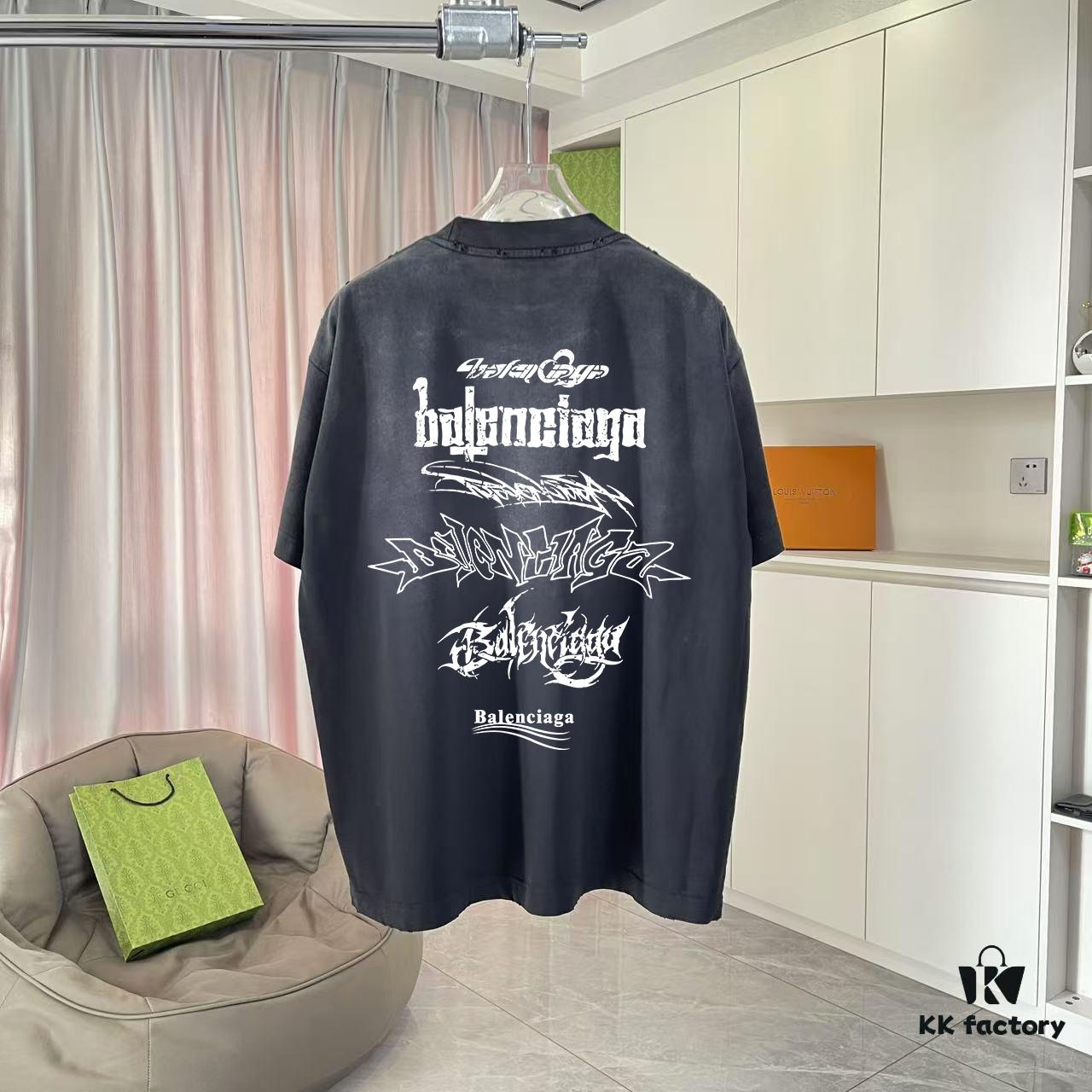 69315c40908475d562cda212 BALENCI*GA Paris 2025 Summer New Arrival Gradient Distressed Custom Fabric 320g Logo Print Short Sleeve T-Shirt Unisex