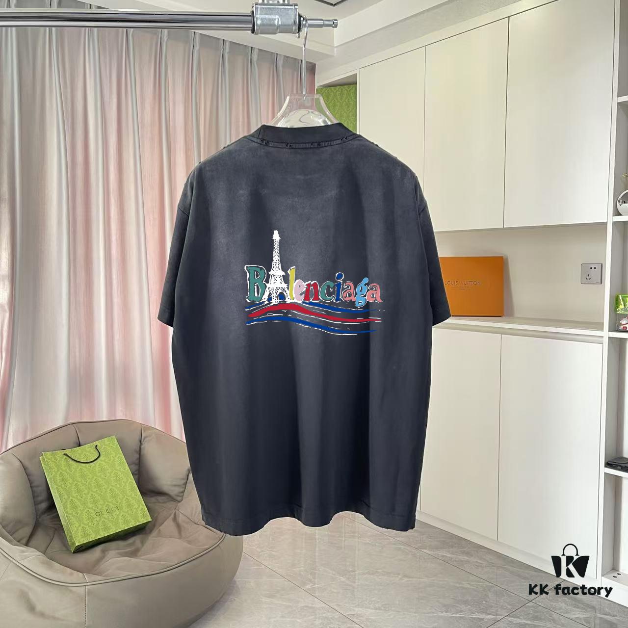 69315d2c908475d562cda231 BALENCI*GA Paris 2025 Summer New Arrival Ombre Distressed Custom Fabric 320g Graphic Logo Short Sleeve T-Shirt Unisex