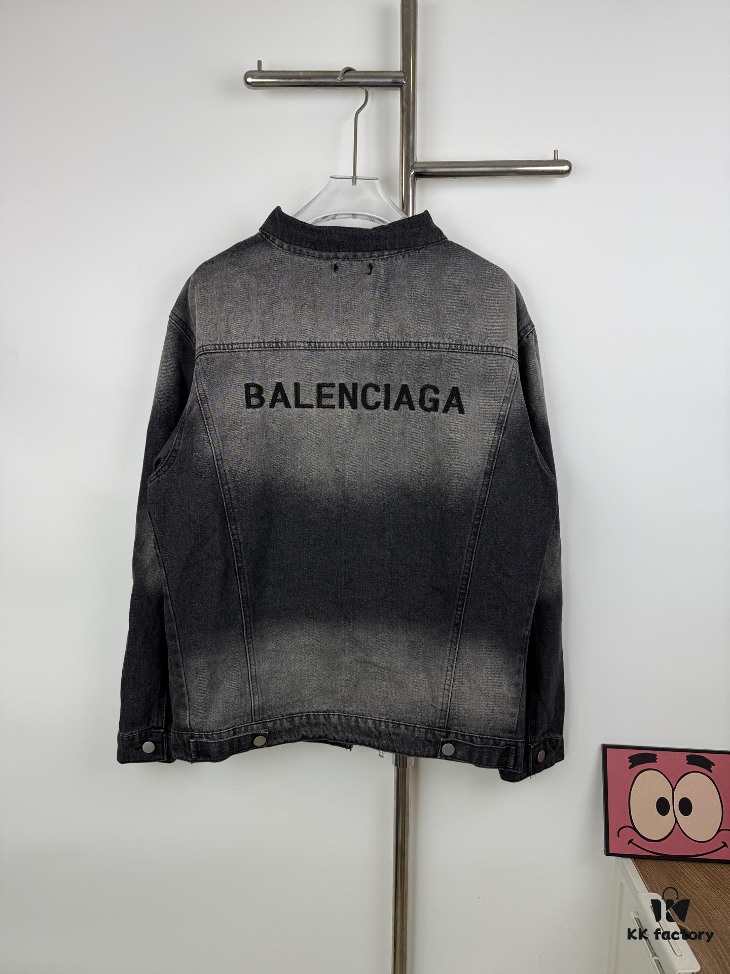 69315e90908475d562cda27f New Balenciaga Logo Embroidered Washed Denim Gray Jacket