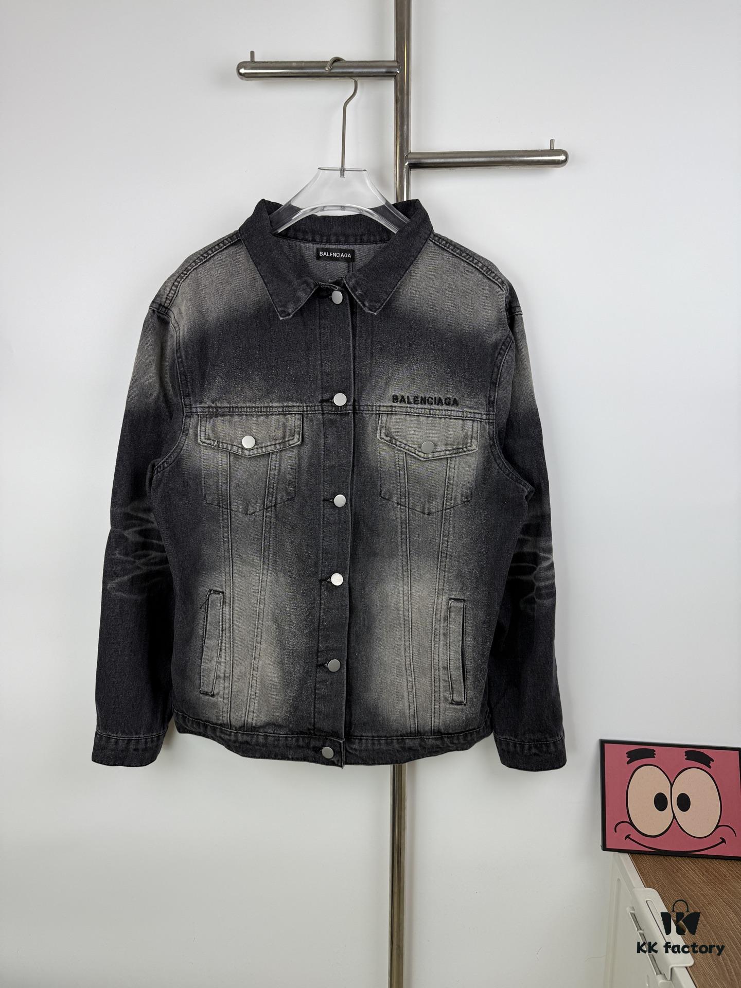 69315e91908475d562cda280 New Balenciaga Logo Embroidered Washed Denim Gray Jacket