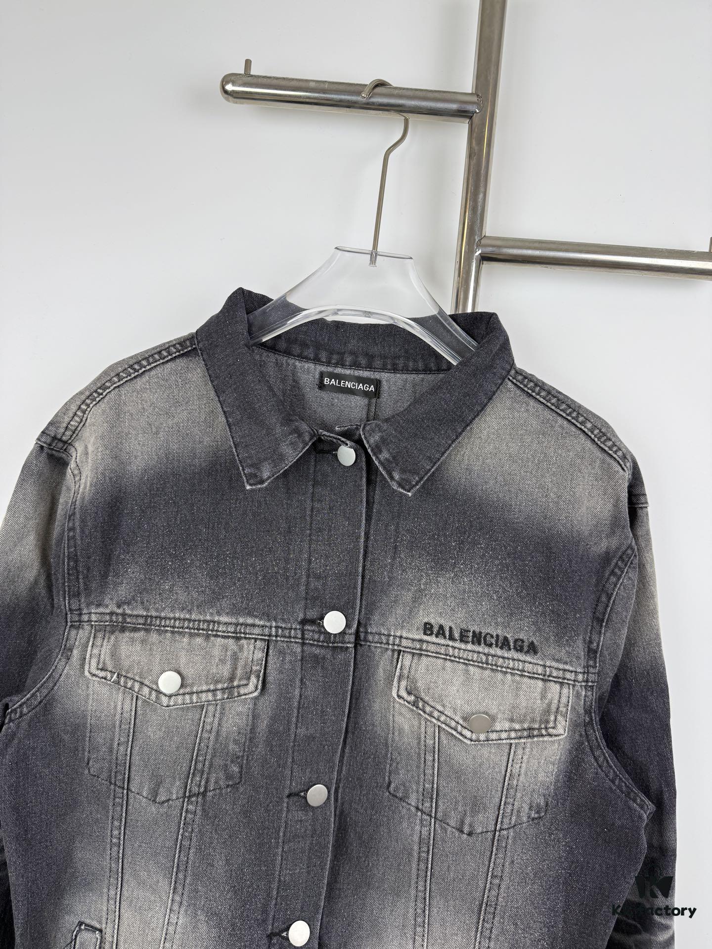 69315e99908475d562cda281 New Balenciaga Logo Embroidered Washed Denim Gray Jacket