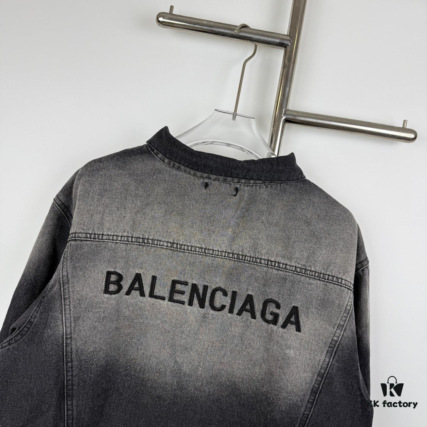 69315e9e908475d562cda282 New Balenciaga Logo Embroidered Washed Denim Gray Jacket