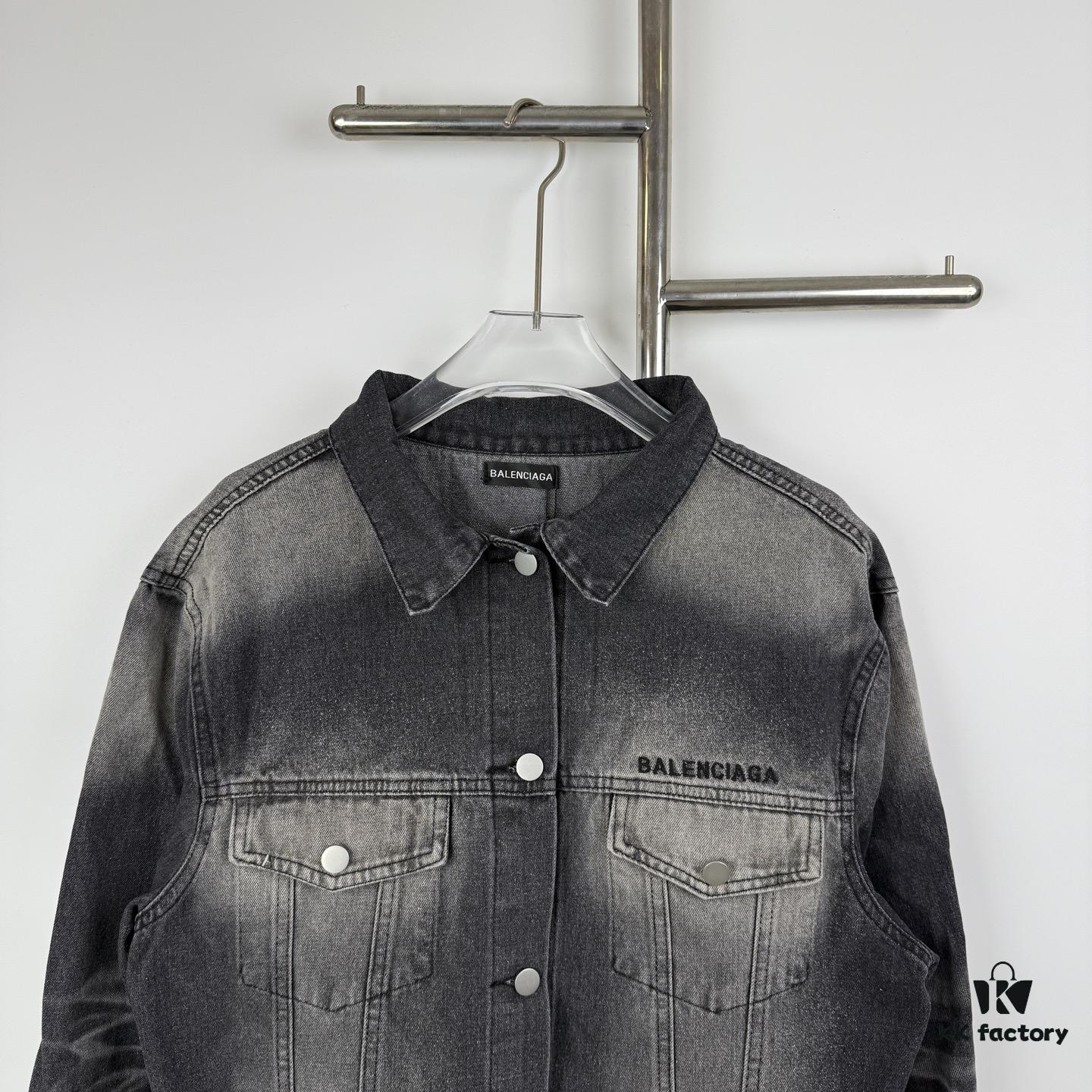 69315ea8908475d562cda283 New Balenciaga Logo Embroidered Washed Denim Gray Jacket