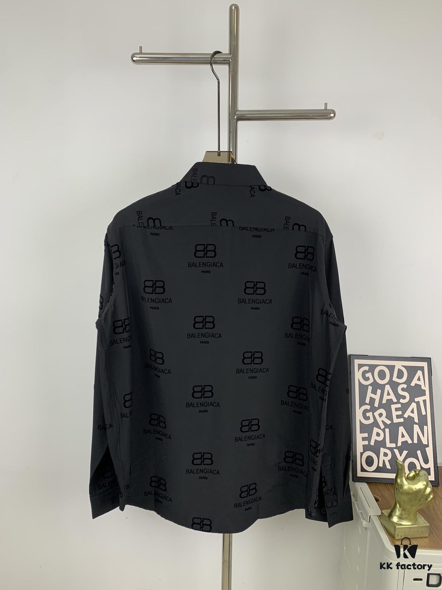 69316076908475d562cda2bd New Balenciaga 2024 SS Unisex Flocked Print Button-Up Shirt with Logo Buckle, Cotton Satin Fabric with Subtle Stretch