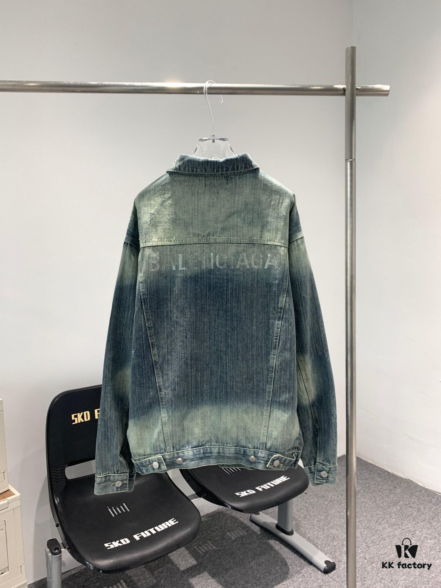 69316159908475d562cda2e8 New Balenciaga BLCG Washed Vintage Back Rhinestone Logo Denim Jacket